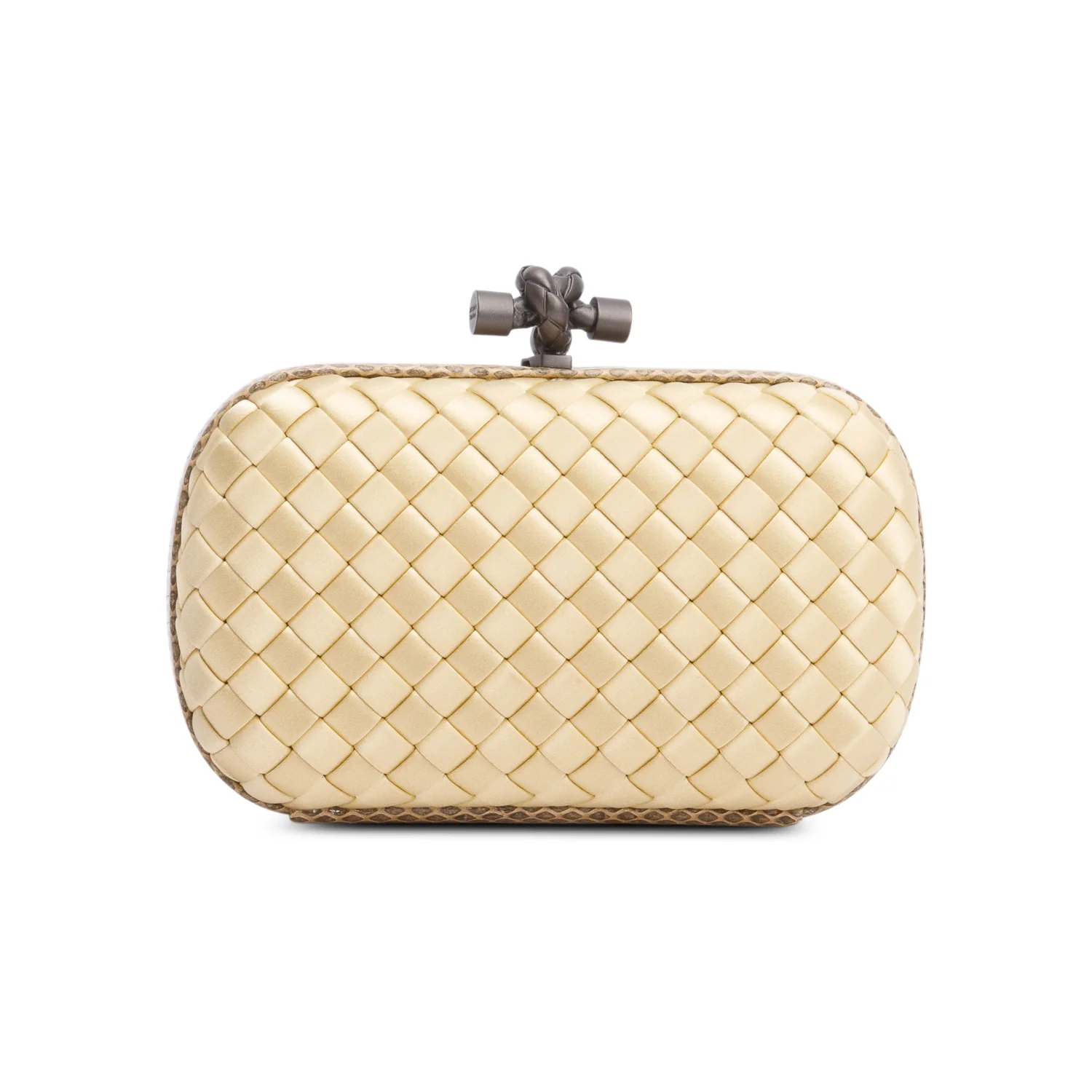 Bottega Veneta Gold Snakeskin-Trimmed Intrecciato Satin Knot Clutch - Image 3
