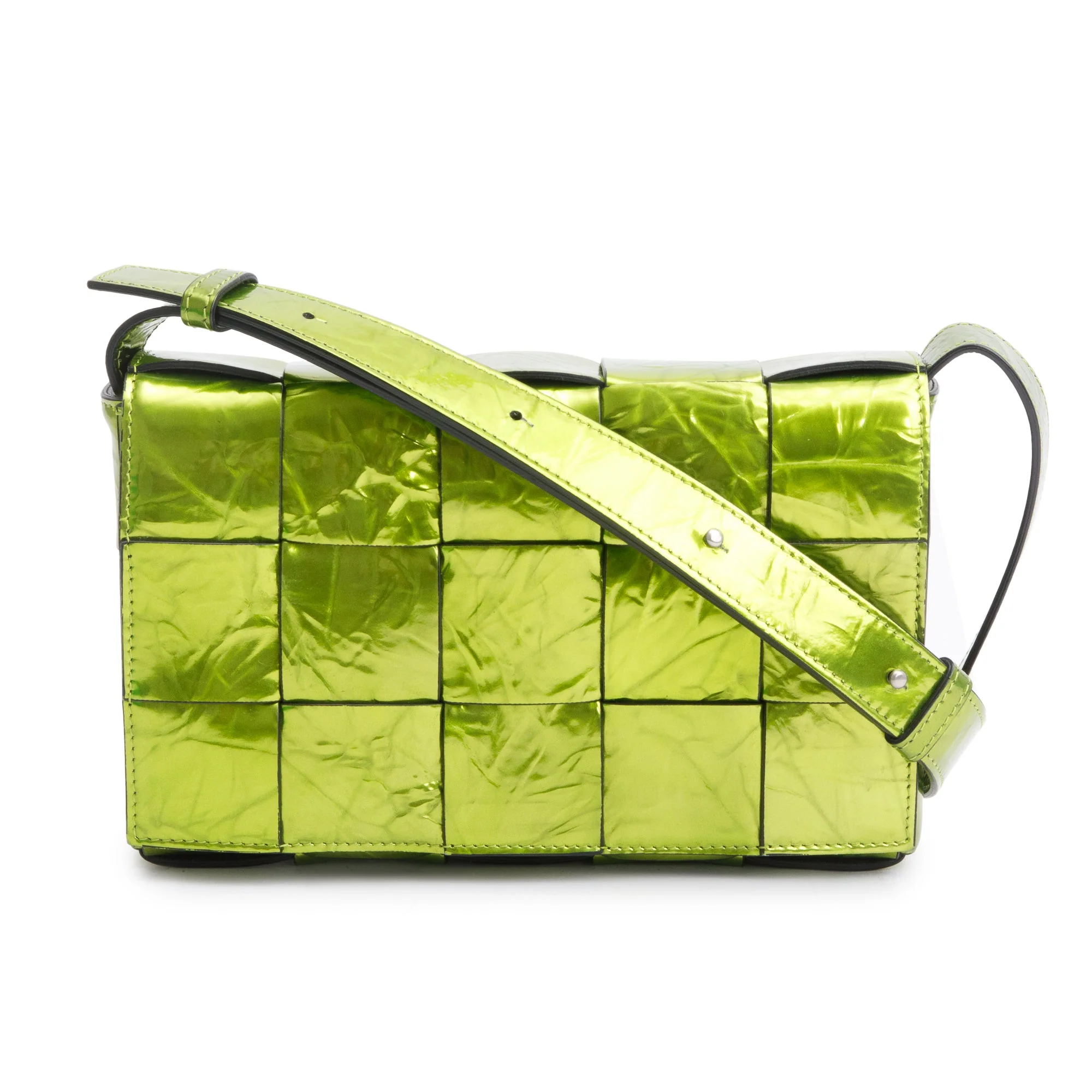 Bottega Veneta Green Metallic Crushed Calfskin Maxi Intrecciato Leather Cassette Bag w/ Box