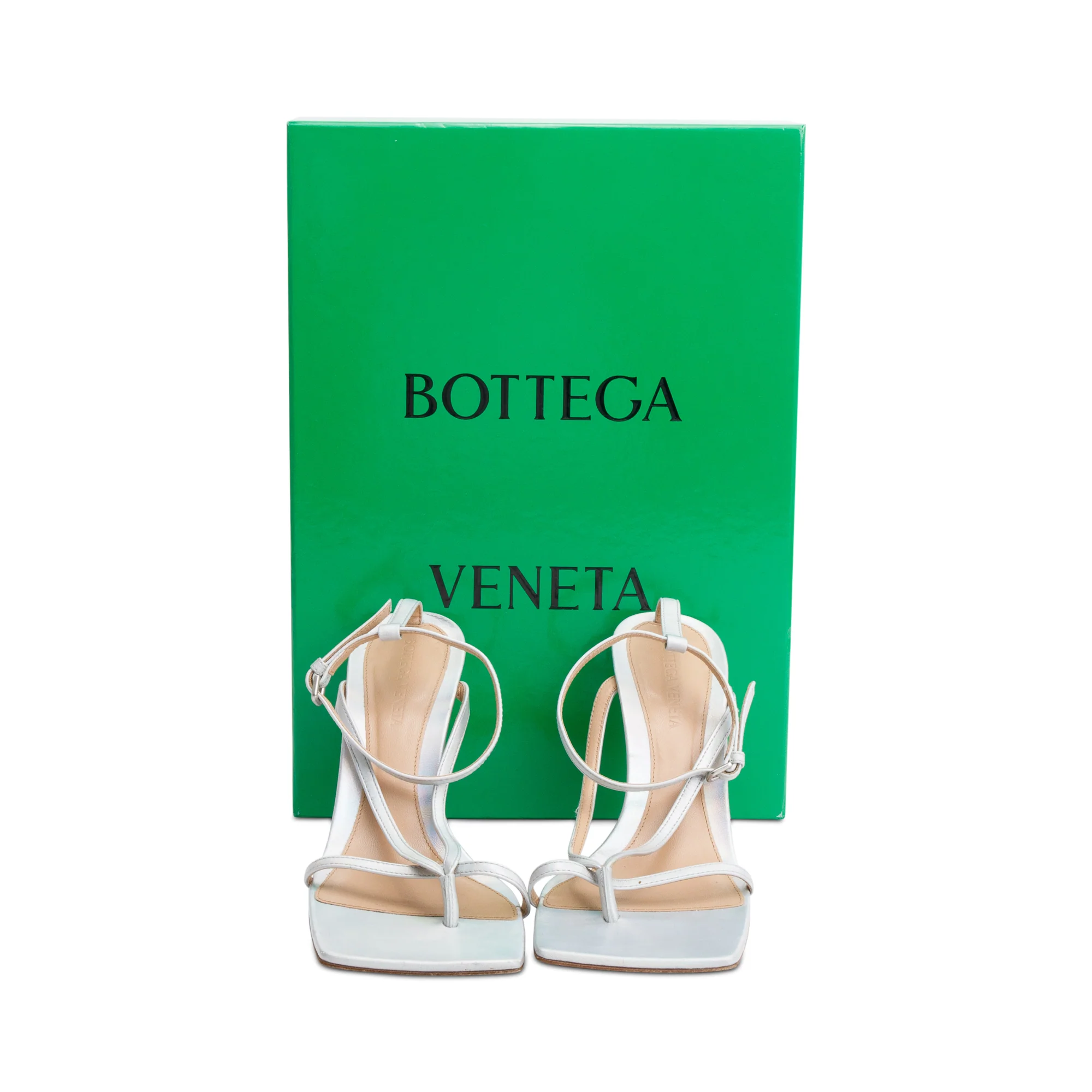 Bottega Veneta Silver Iridescent Nappa Stretch Strap Sandals, Size 37.5 w/ Box - Image 2
