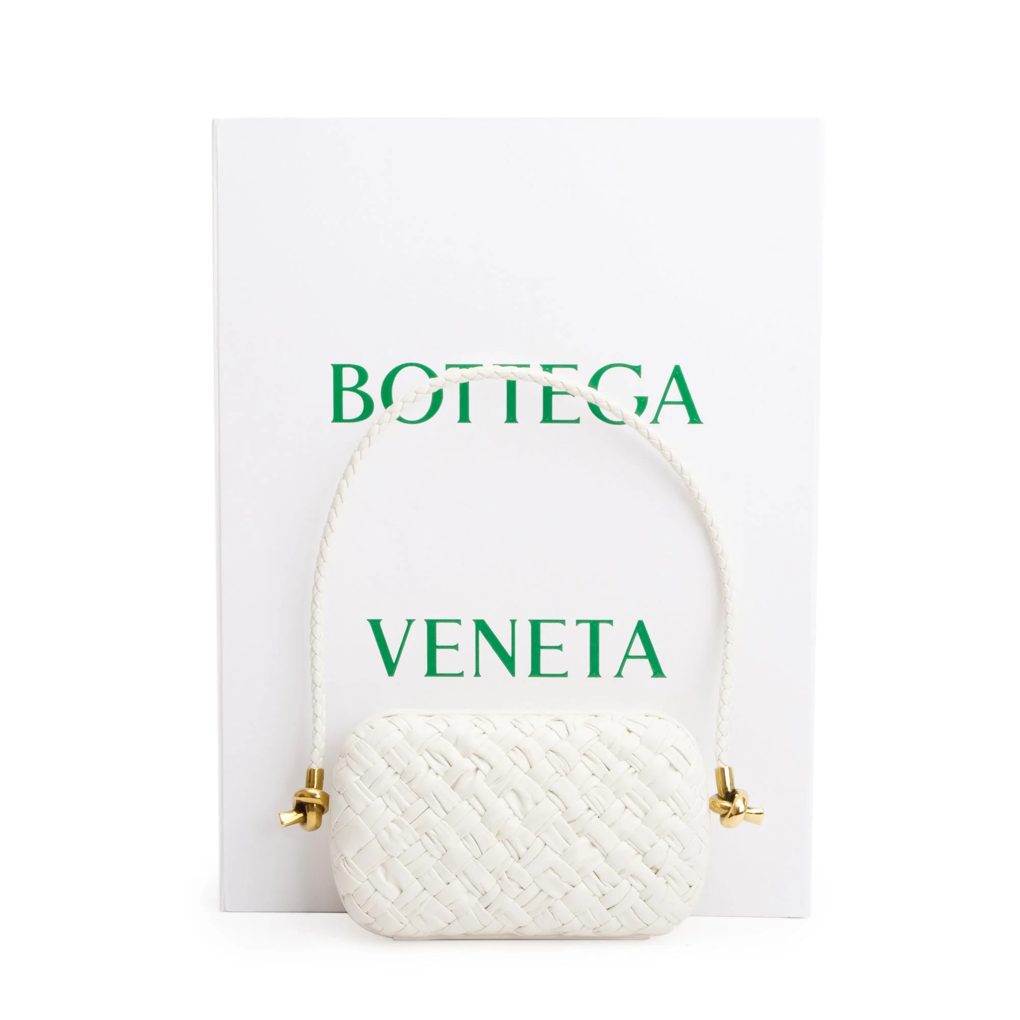 Bottega Veneta White Intreccio-Woven Leather Mini Loop Metal Knots On Strap Clutch Bag w/ Box - Image 2