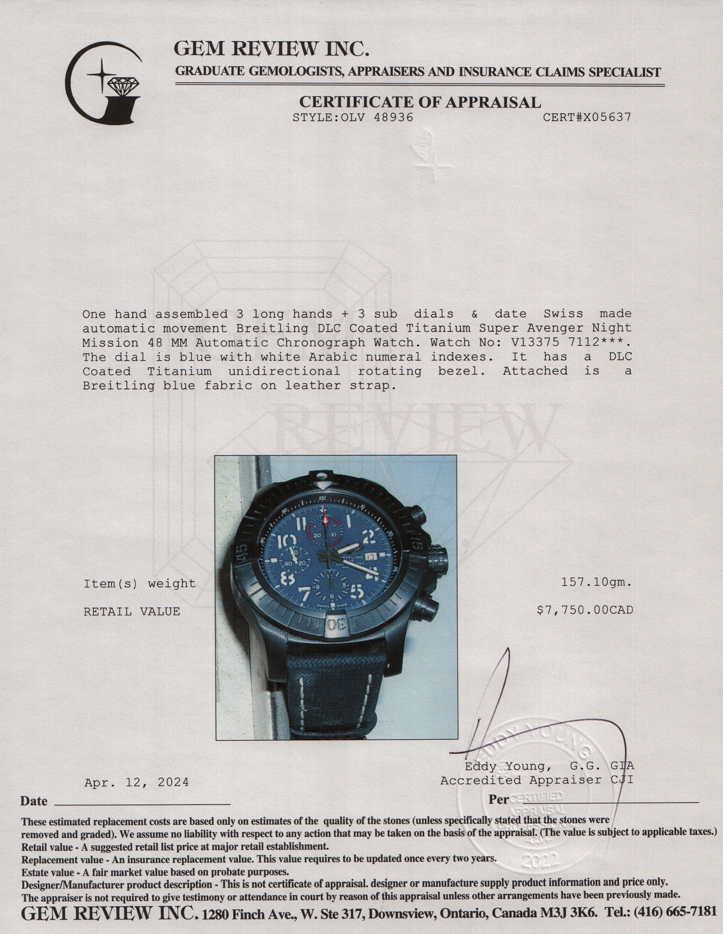 Breitling DLC Coated Titanium Super Avenger Night Mission 48 MM Automatic Chronograph Watch w/ Box & Papers - Image 7