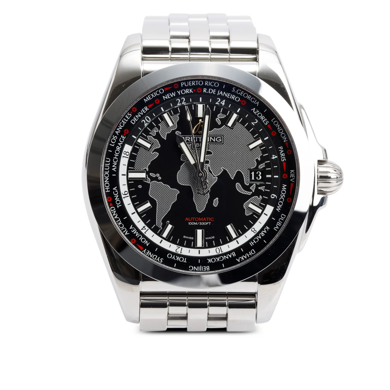 Breitling Stainless Steel Galactic Unitime 44 MM Automatic Watch Black Dial WB3510 w/ Case & Receipt