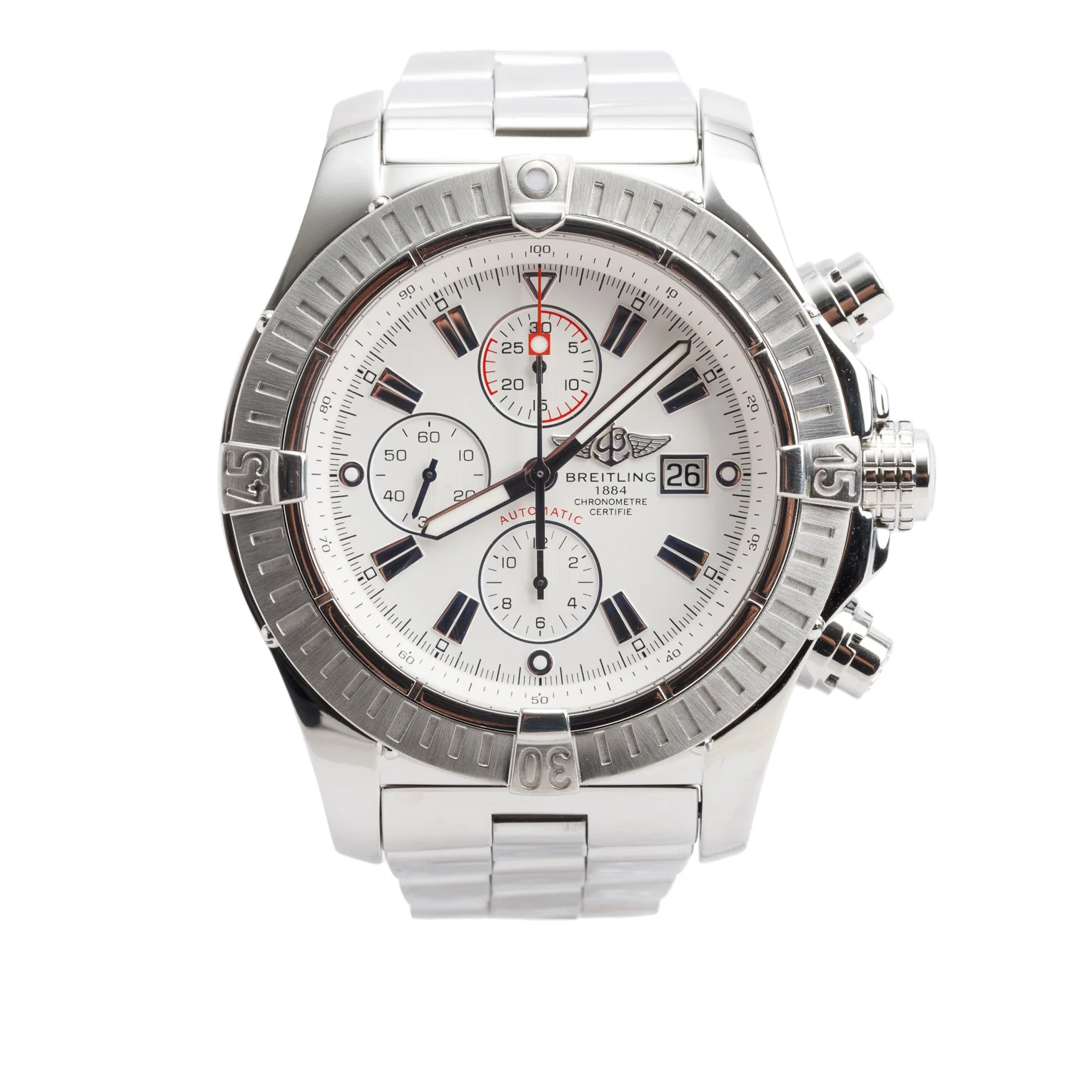 Breitling Stainless Steel Super Avenger 48 MM Automatic Chronograph Watch White Dial A13370 w/ Box & Papers