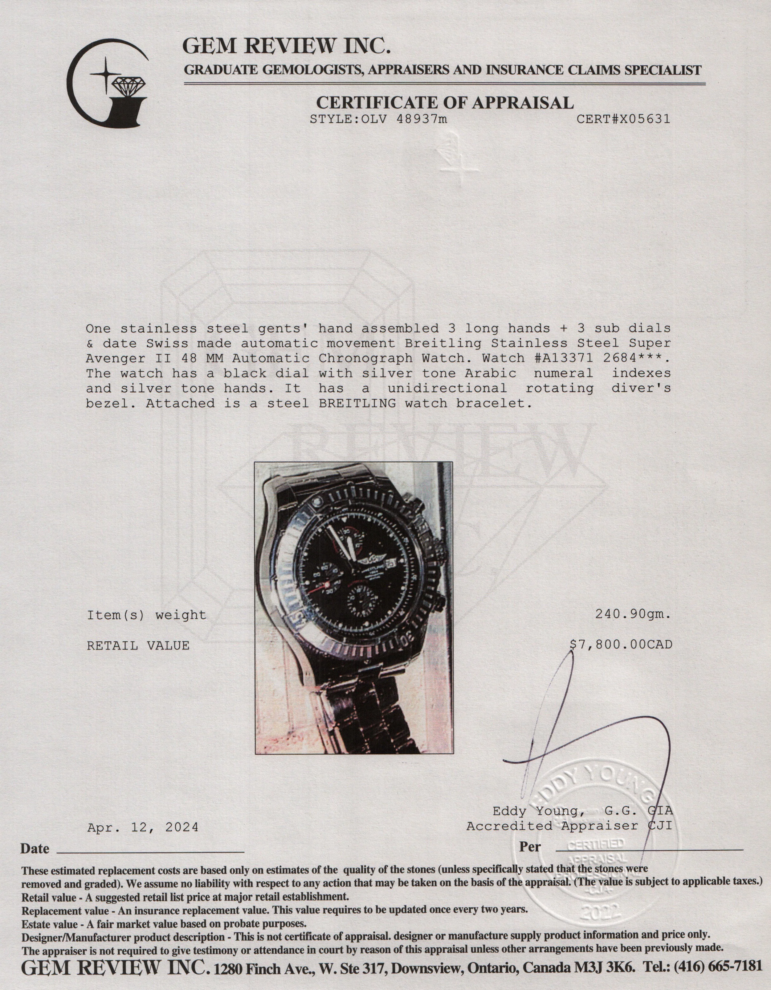 Breitling Stainless Steel Super Avenger II 48 MM Automatic Chronograph Watch w/ Box & Paper - Image 7