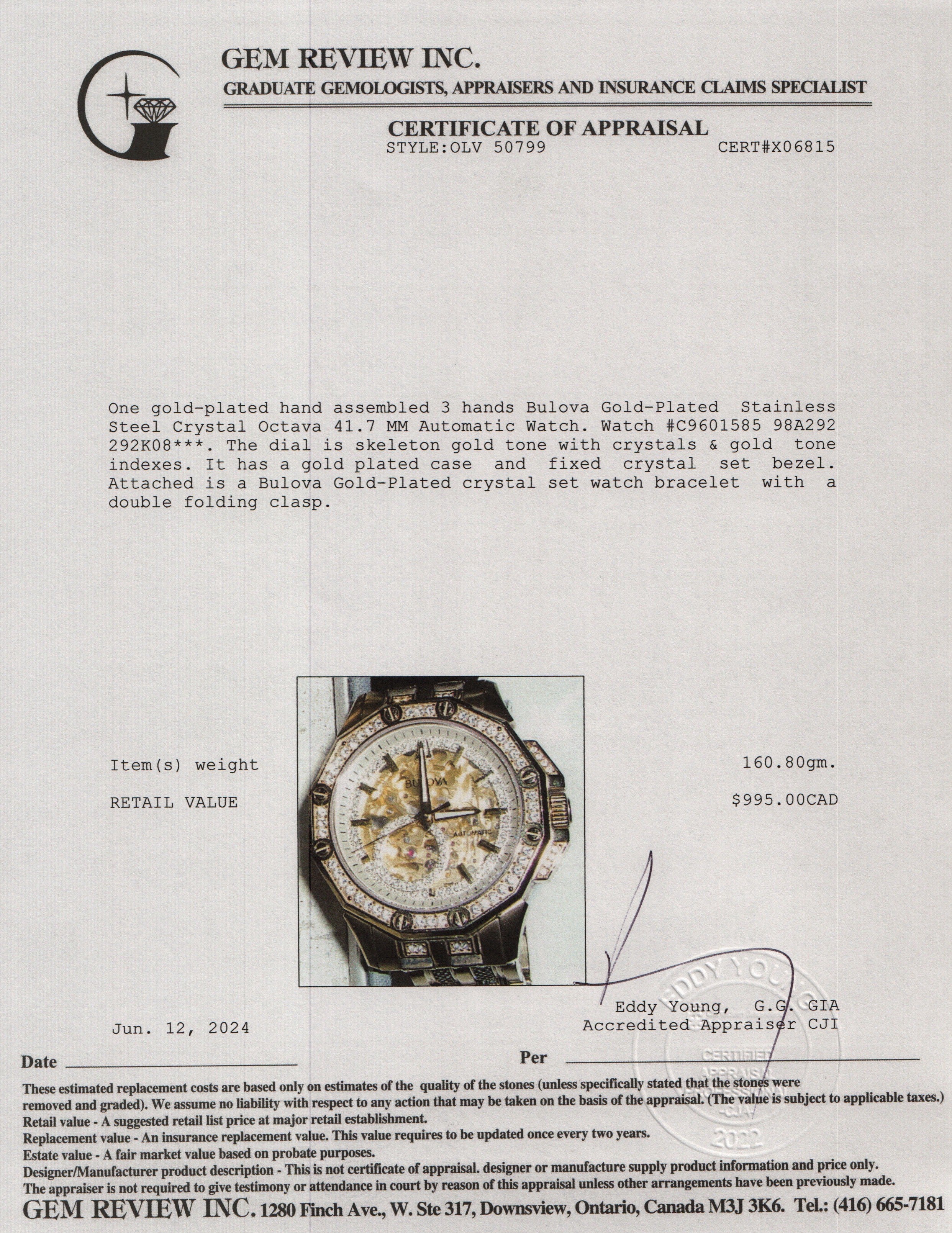 Bulova Gold-Plated Stainless Steel Crystal Octava 41.7 MM Automatic Watch 98A292 - Image 5