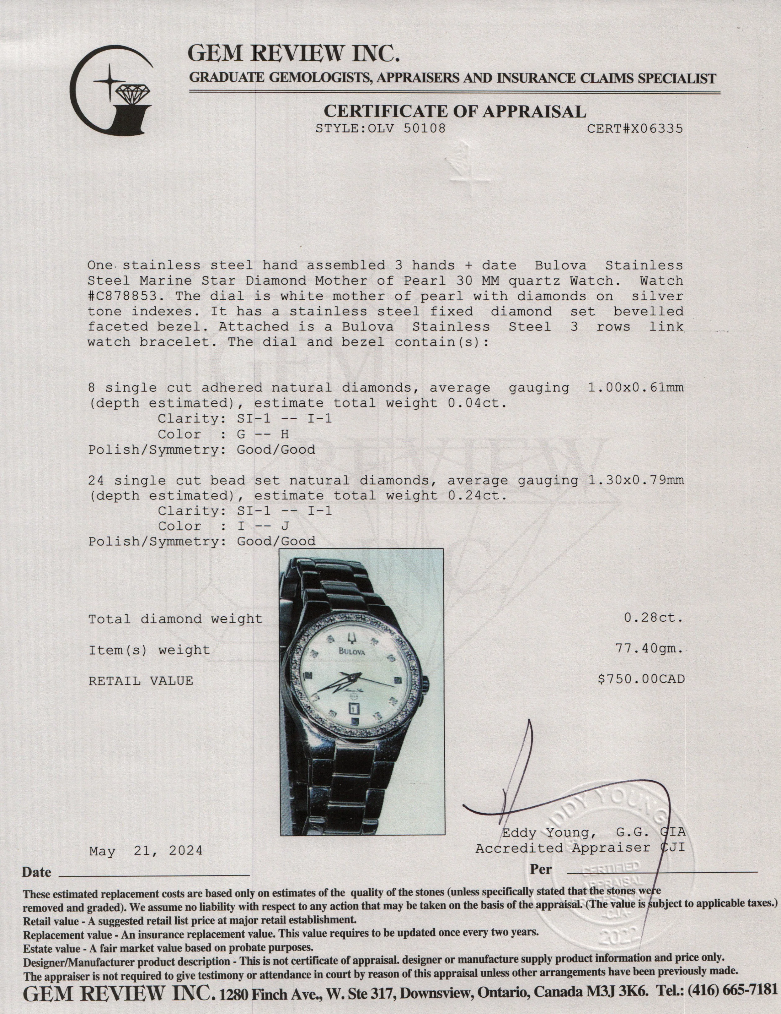 Bulova Stainless Steel Marine Star Diamond Mother of Pearl 30 MM Watch - Image 5
