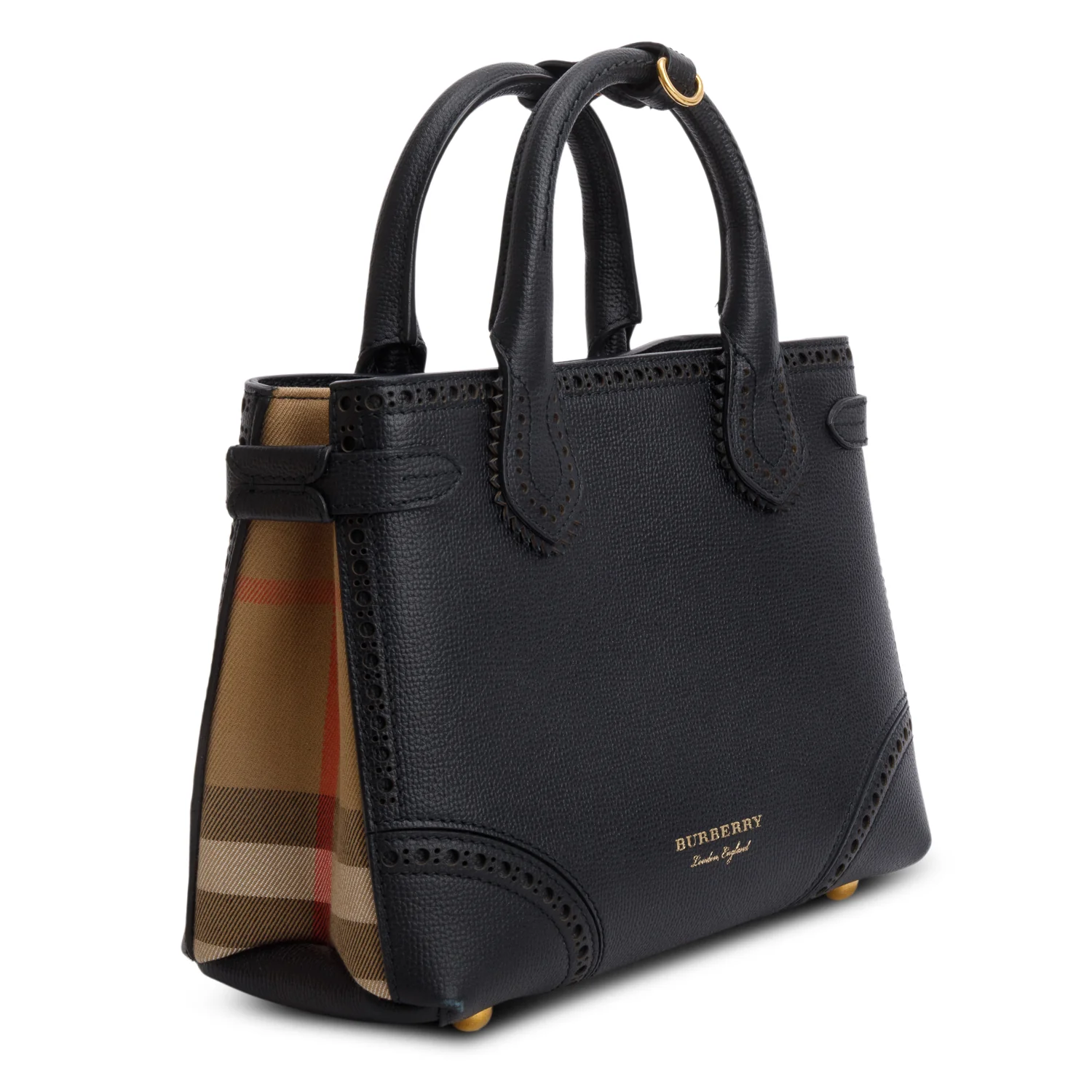 Burberry Black Grainy Calfskin Perforated House Check Small Brogue Banner Tote - Image 2