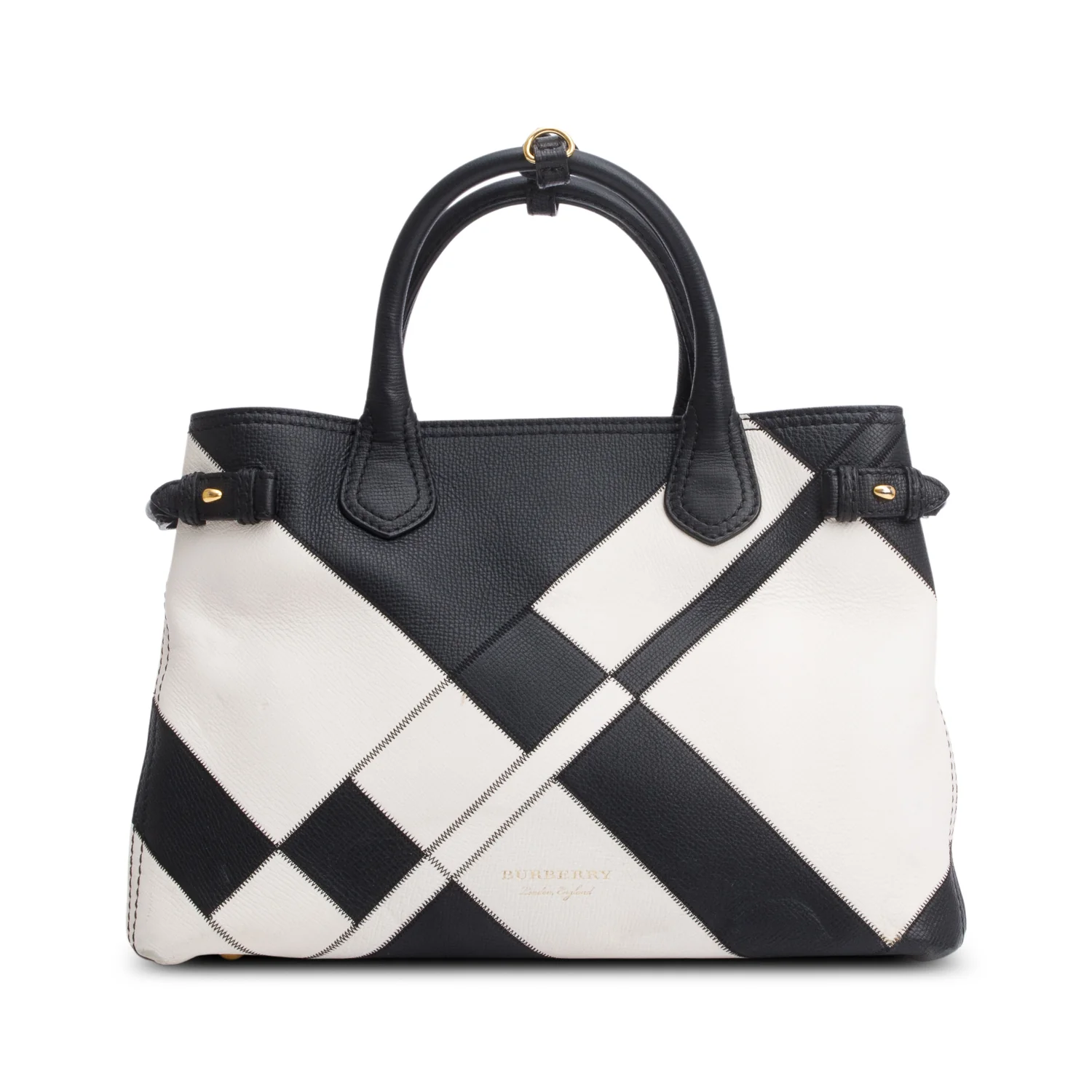 Burberry Black/White Calfskin Leather House Check Medium Patchwork Banner Tote w/ Strap - Image 2