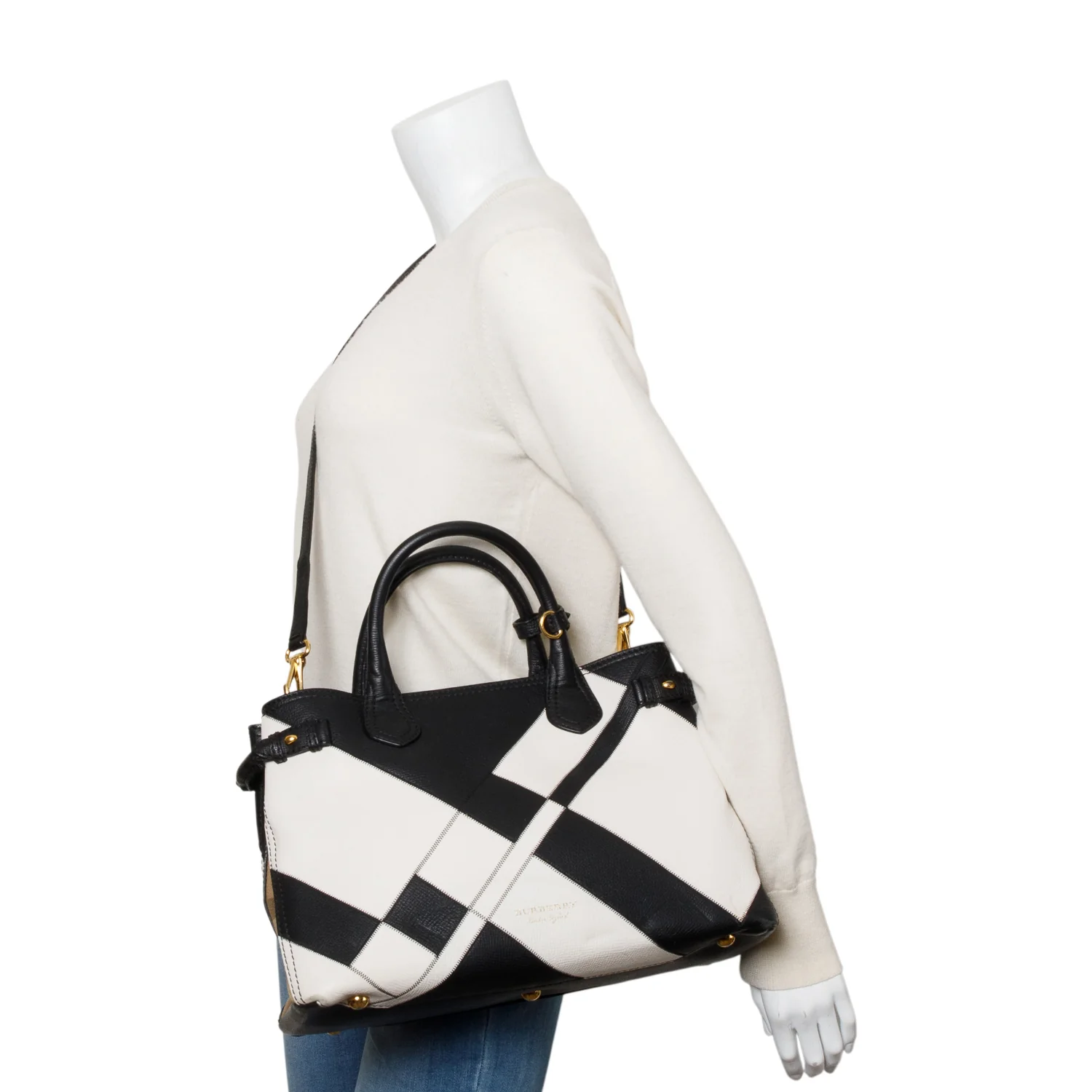 Burberry Black/White Calfskin Leather House Check Medium Patchwork Banner Tote w/ Strap - Image 7