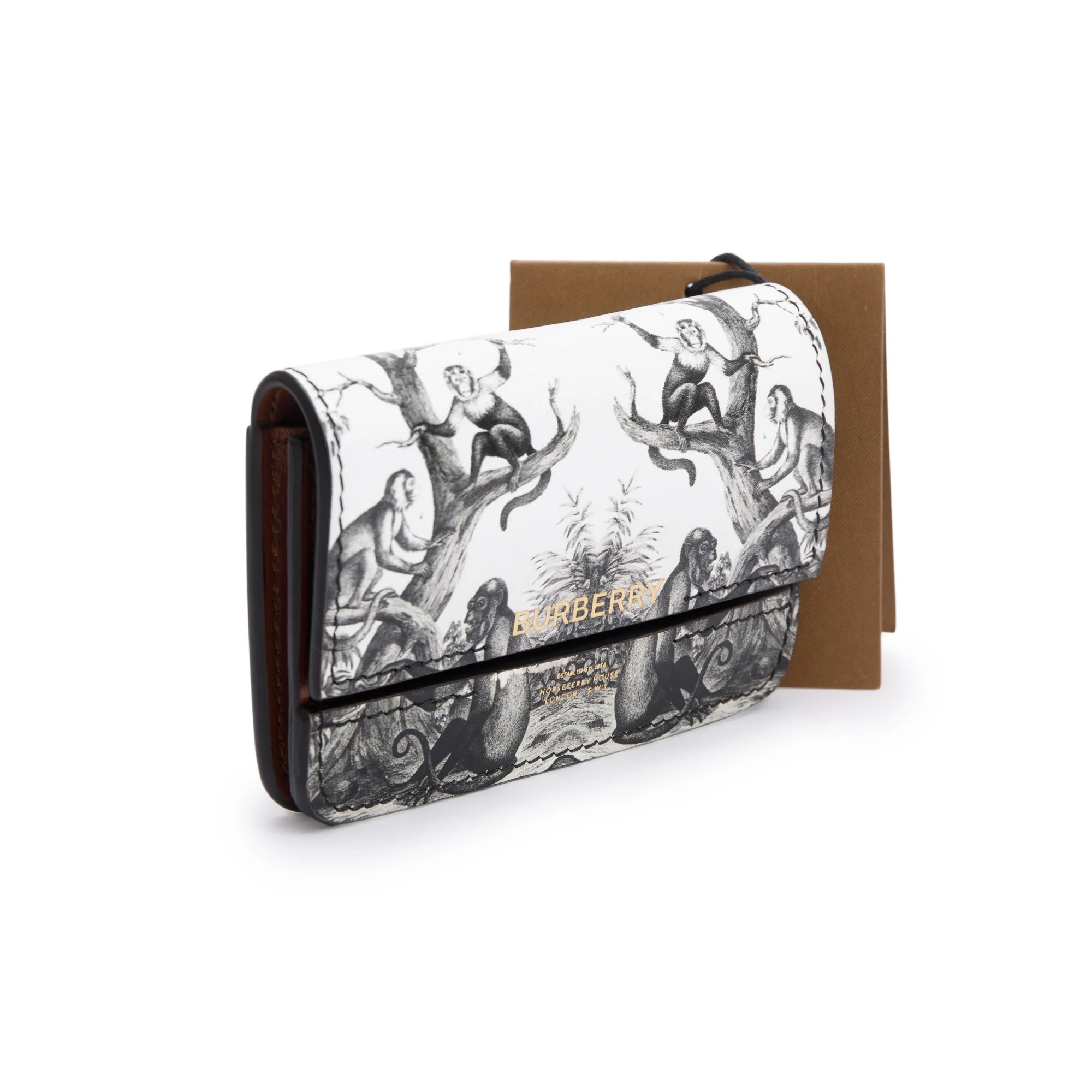 Burberry Black/White Monkey Print Leather Card Case On Chain w/ Box - Image 5