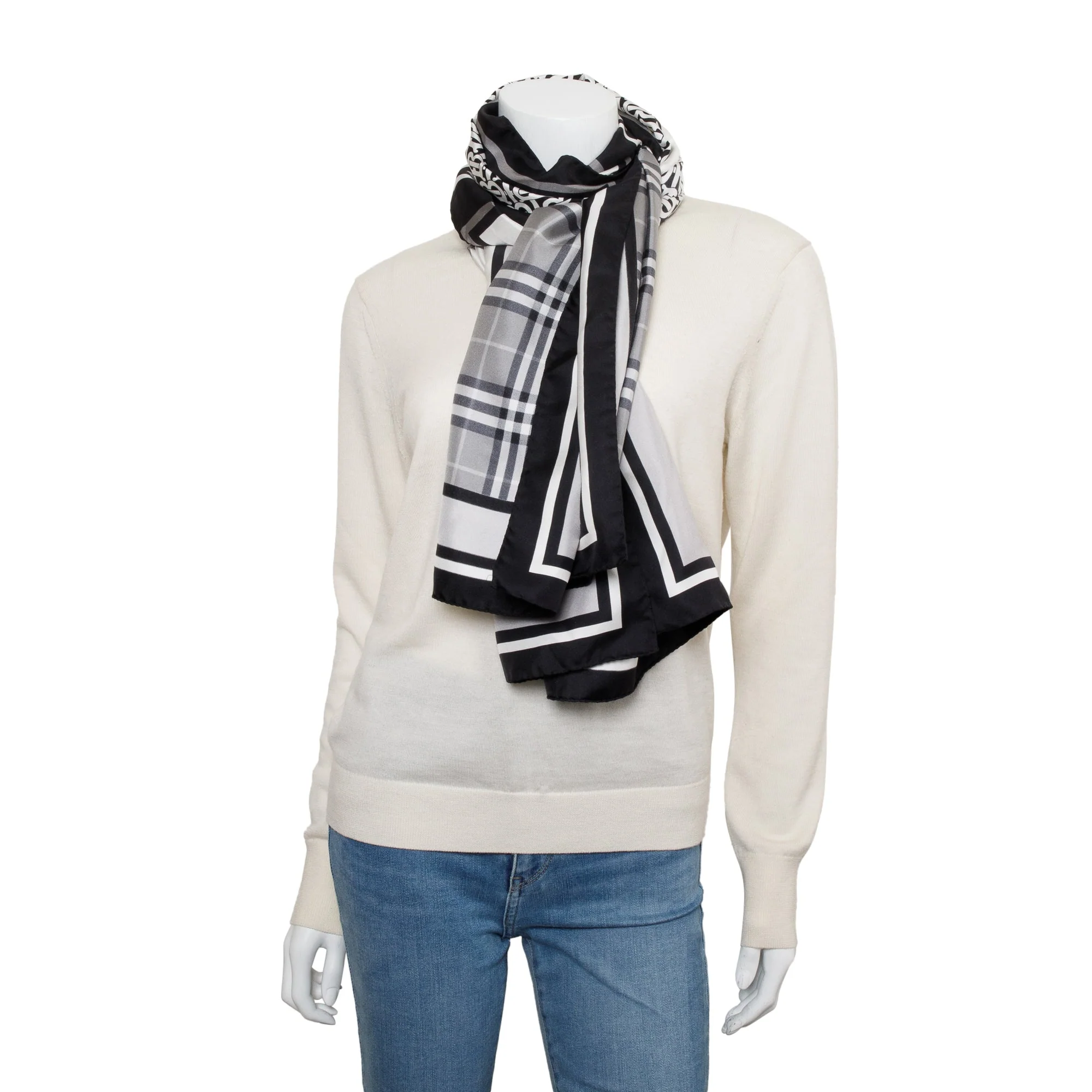 Burberry Black & White Vintage Check Icon Stripe TB Monogram Print Silk Scarf - Image 2