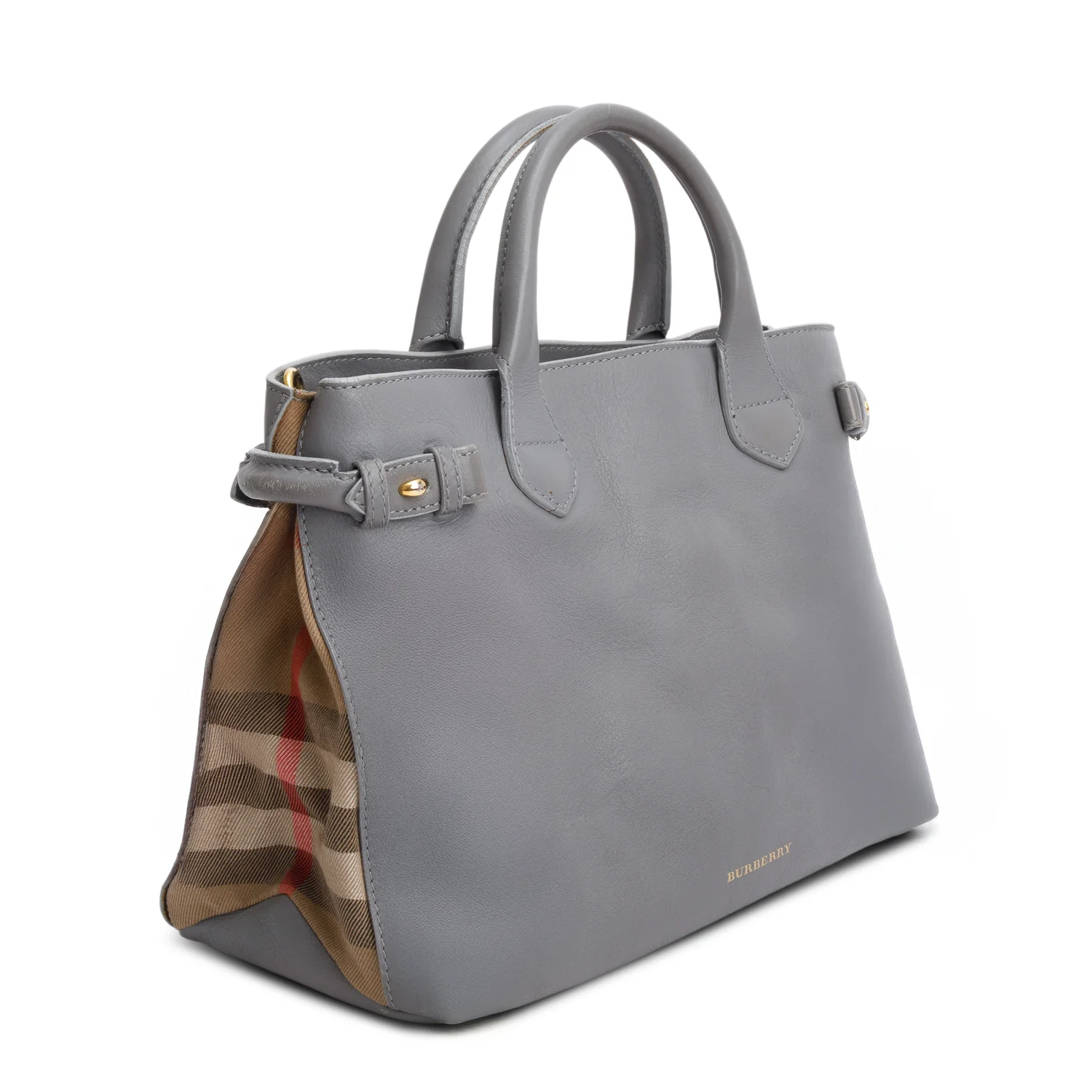 Burberry Grey Calfskin Leather House Check Medium Banner Tote w/ Strap - Image 3