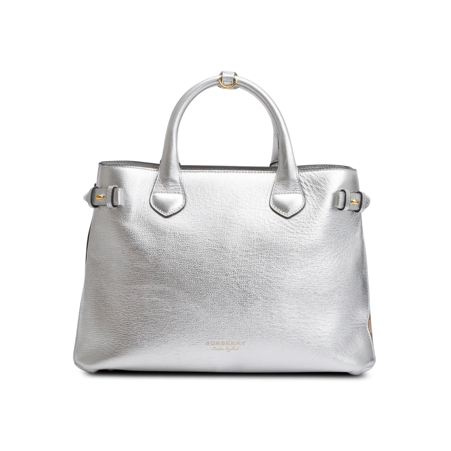 Burberry Metallic Silver Calfskin Leather House Check Medium Banner Tote w/ Strap - Image 3