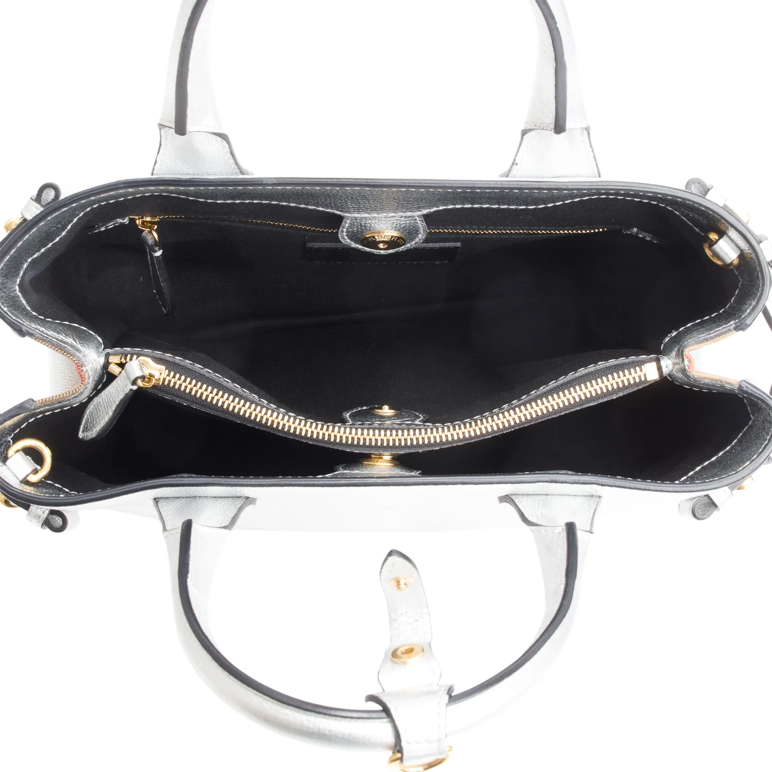 Burberry Metallic Silver Calfskin Leather House Check Medium Banner Tote w/ Strap - Image 8