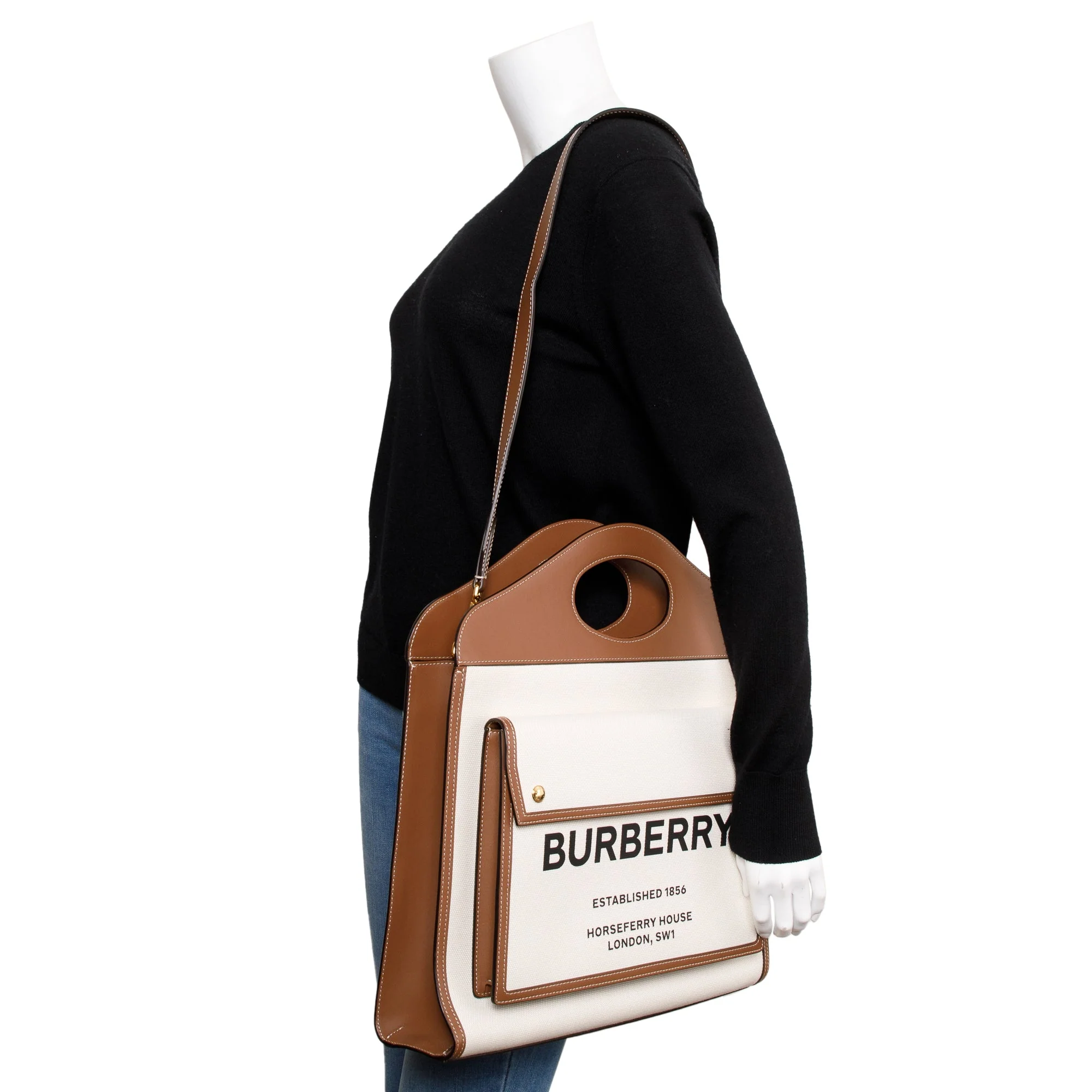 Burberry Neutral Canvas and Brown Leather Medium Pocket Bag w/ Strap - Image 2