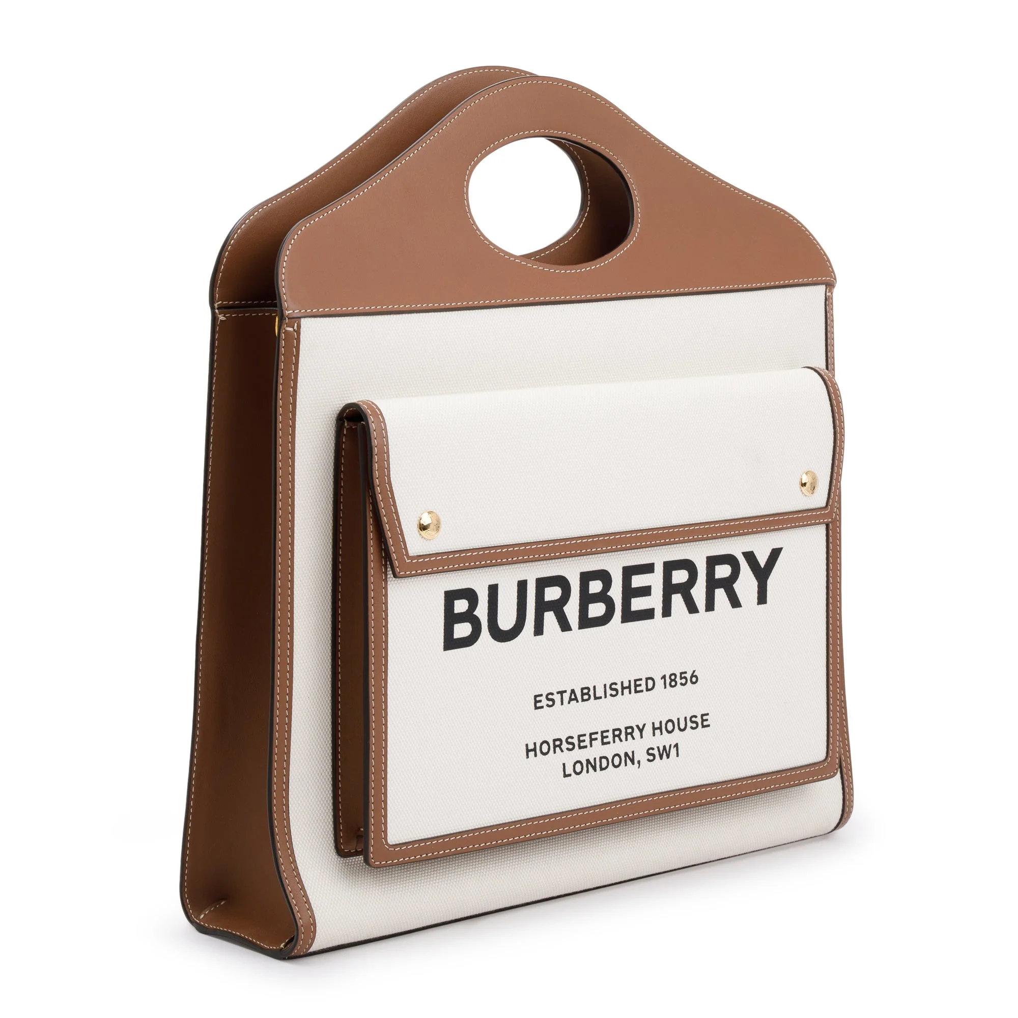 Burberry Neutral Canvas and Brown Leather Medium Pocket Bag w/ Strap - Image 4