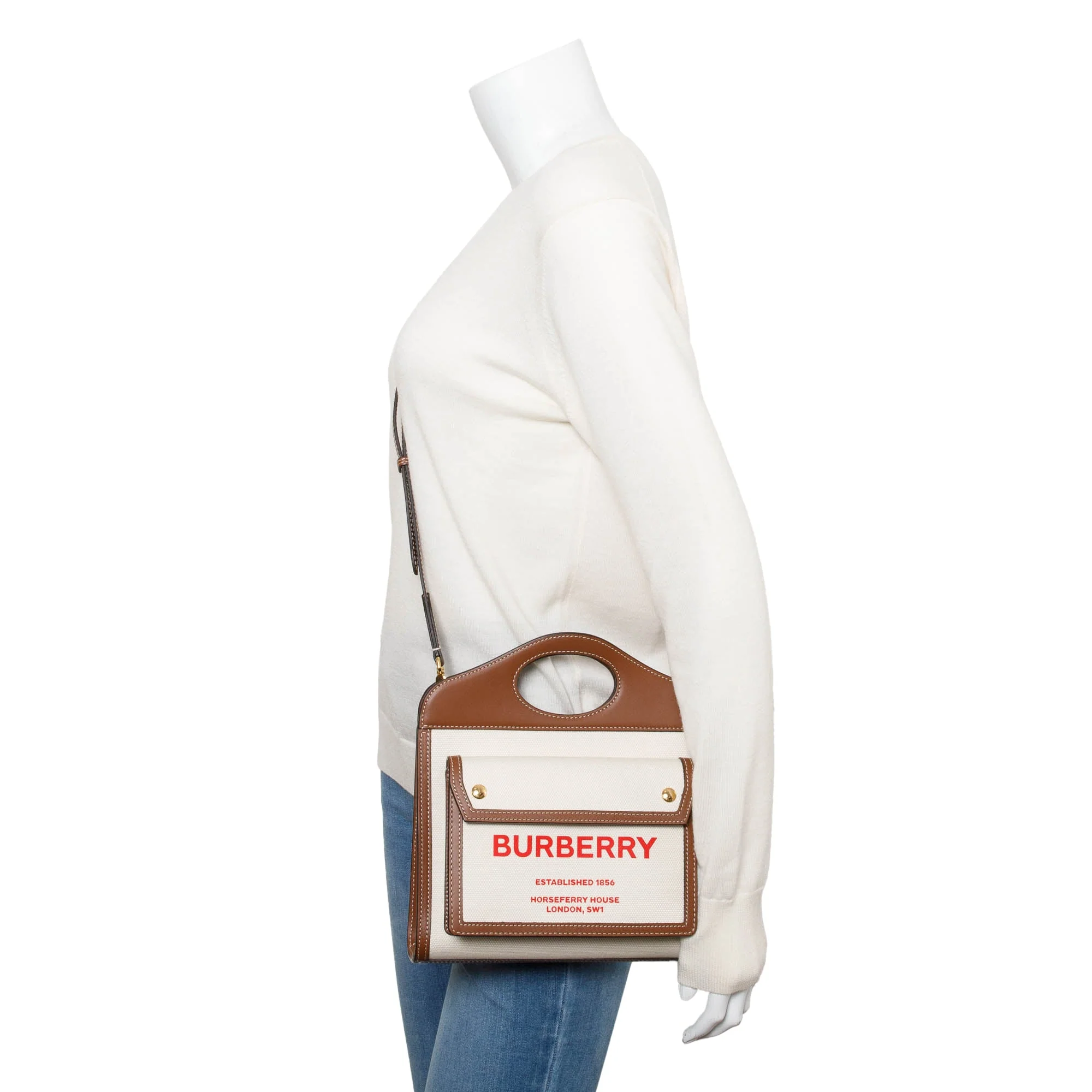 Burberry Neutral Canvas and Brown Leather Mini Pocket Bag w/ Strap & Box - Image 2