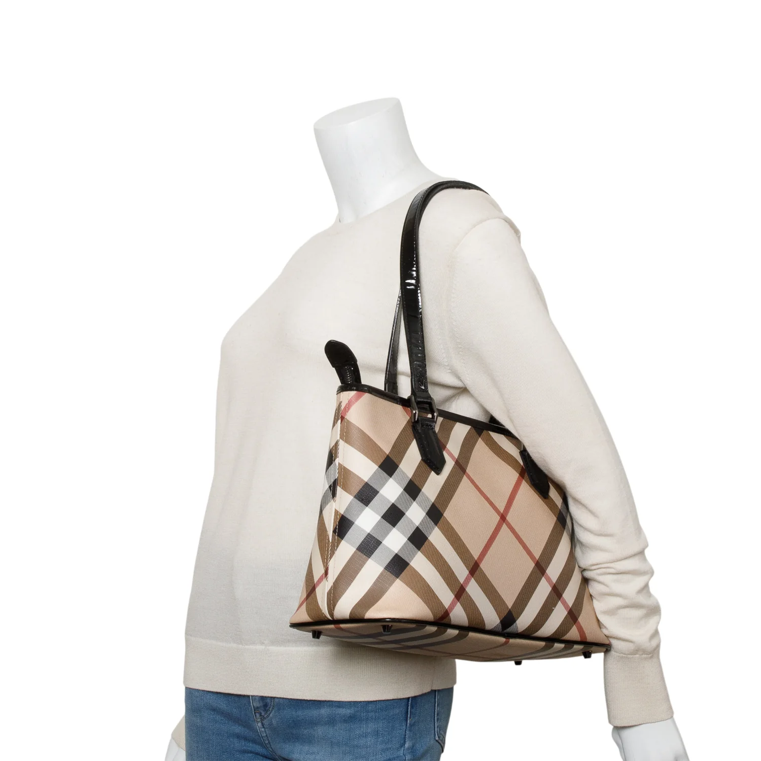 Burberry Super Nova Check Black Patent Leather Trim Small Tote w/ Box - Image 2