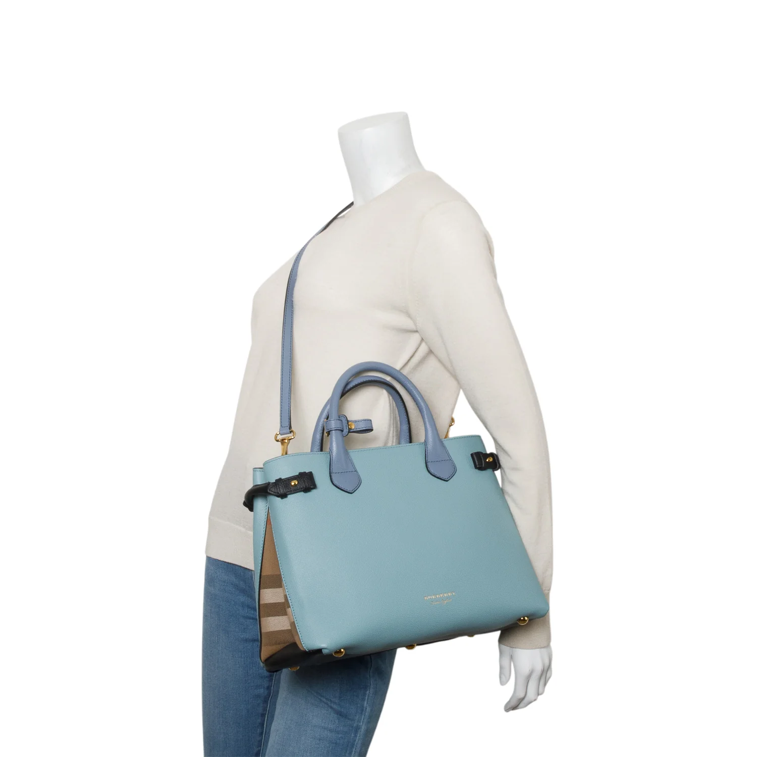Burberry Teal Grainy Calfskin Leather House Check Medium Banner Tote w/ Strap - Image 2