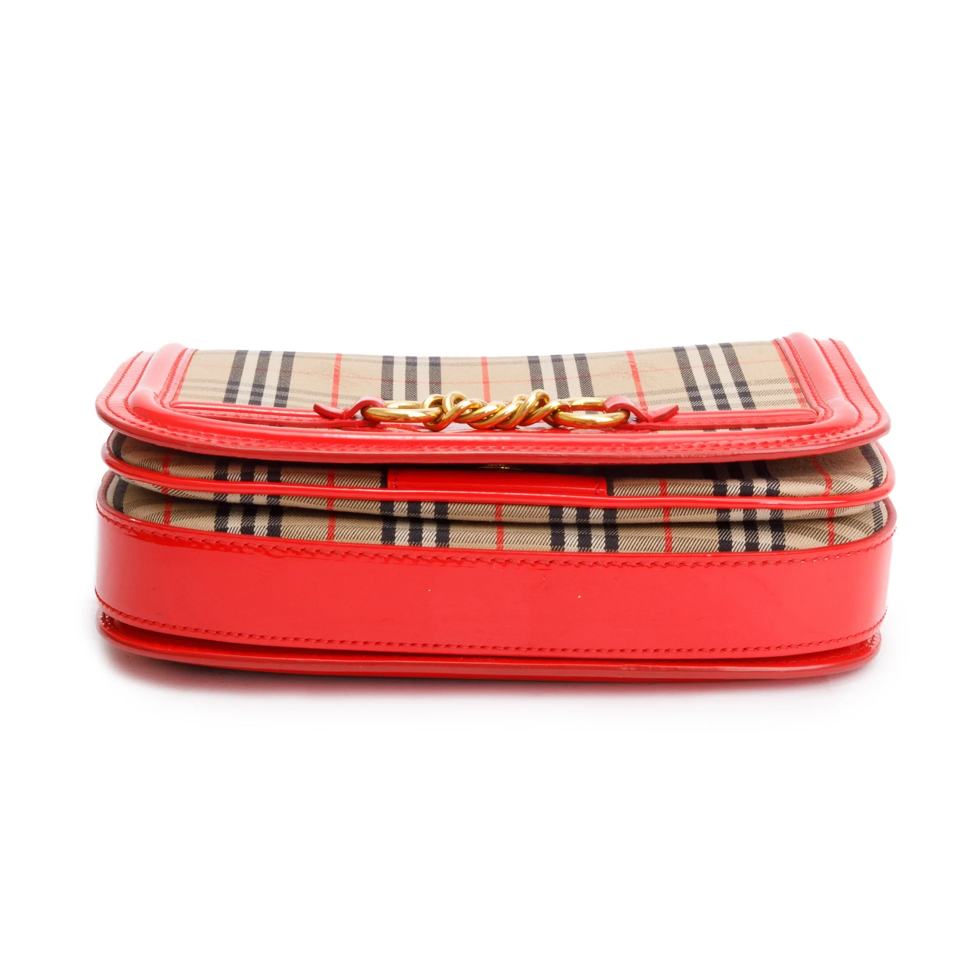 Burberry Vintage 1983 Knight Check Canvas Red Patent Leather Trinm Link Flap Shoulder Bag - Image 6