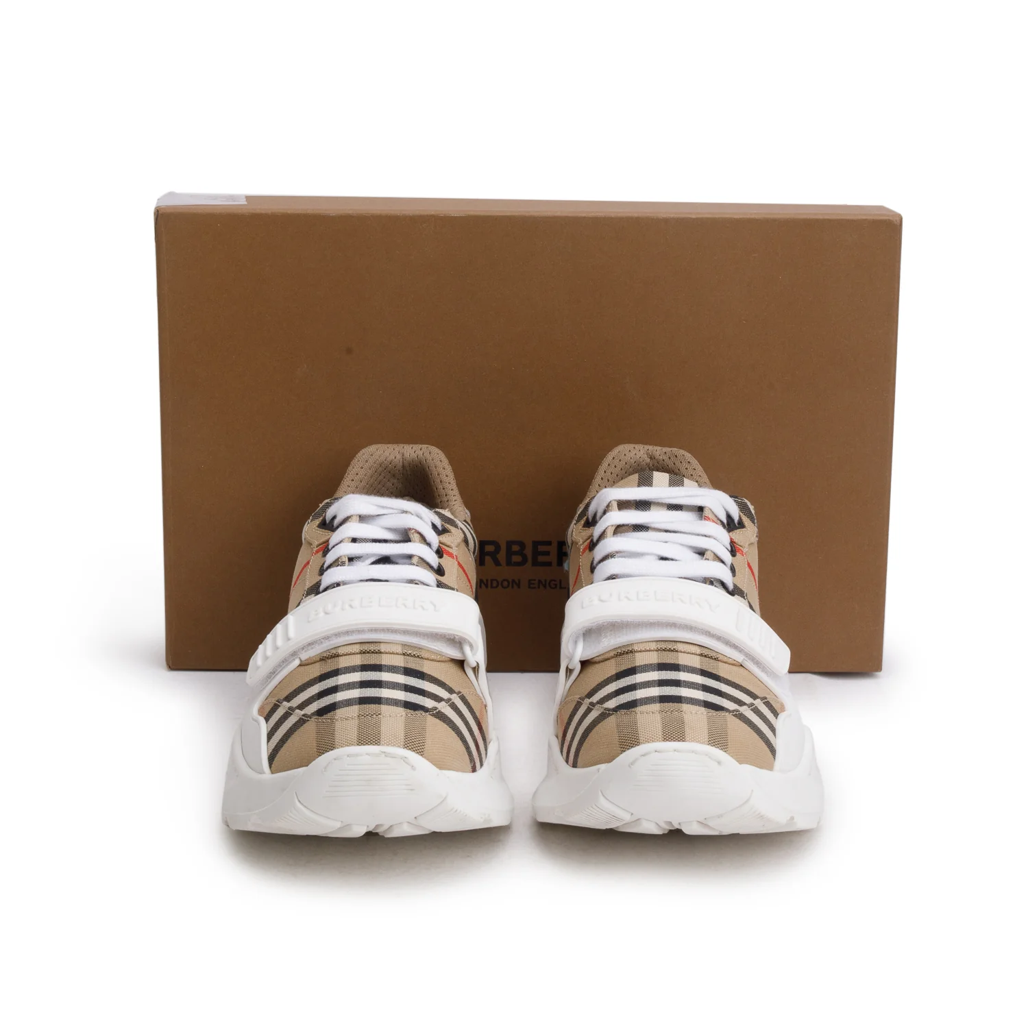 Burberry White House Check and Leather Low Top Sneakers, Size 41 w/ Box - Image 2