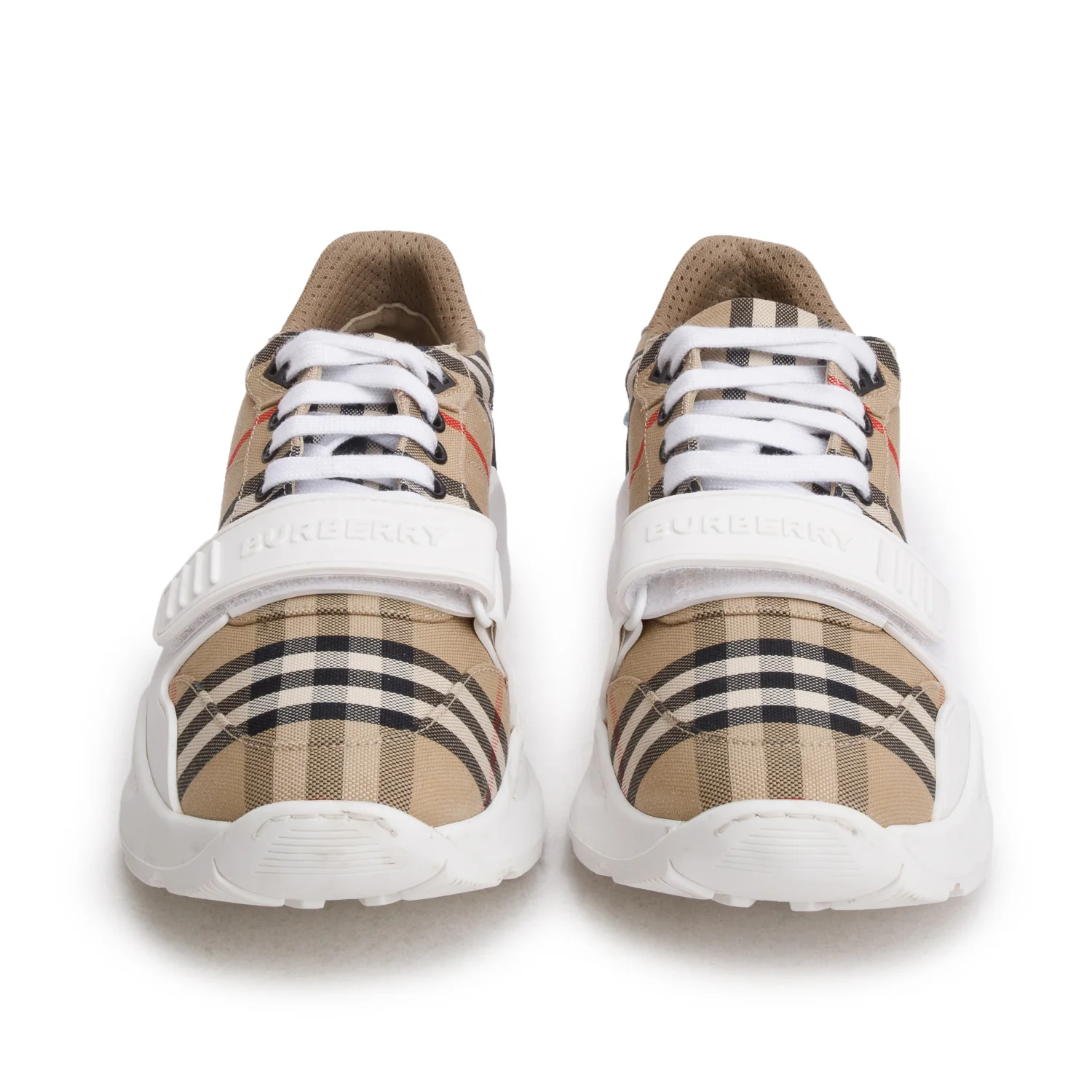 Burberry White House Check and Leather Low Top Sneakers, Size 41 w/ Box - Image 4