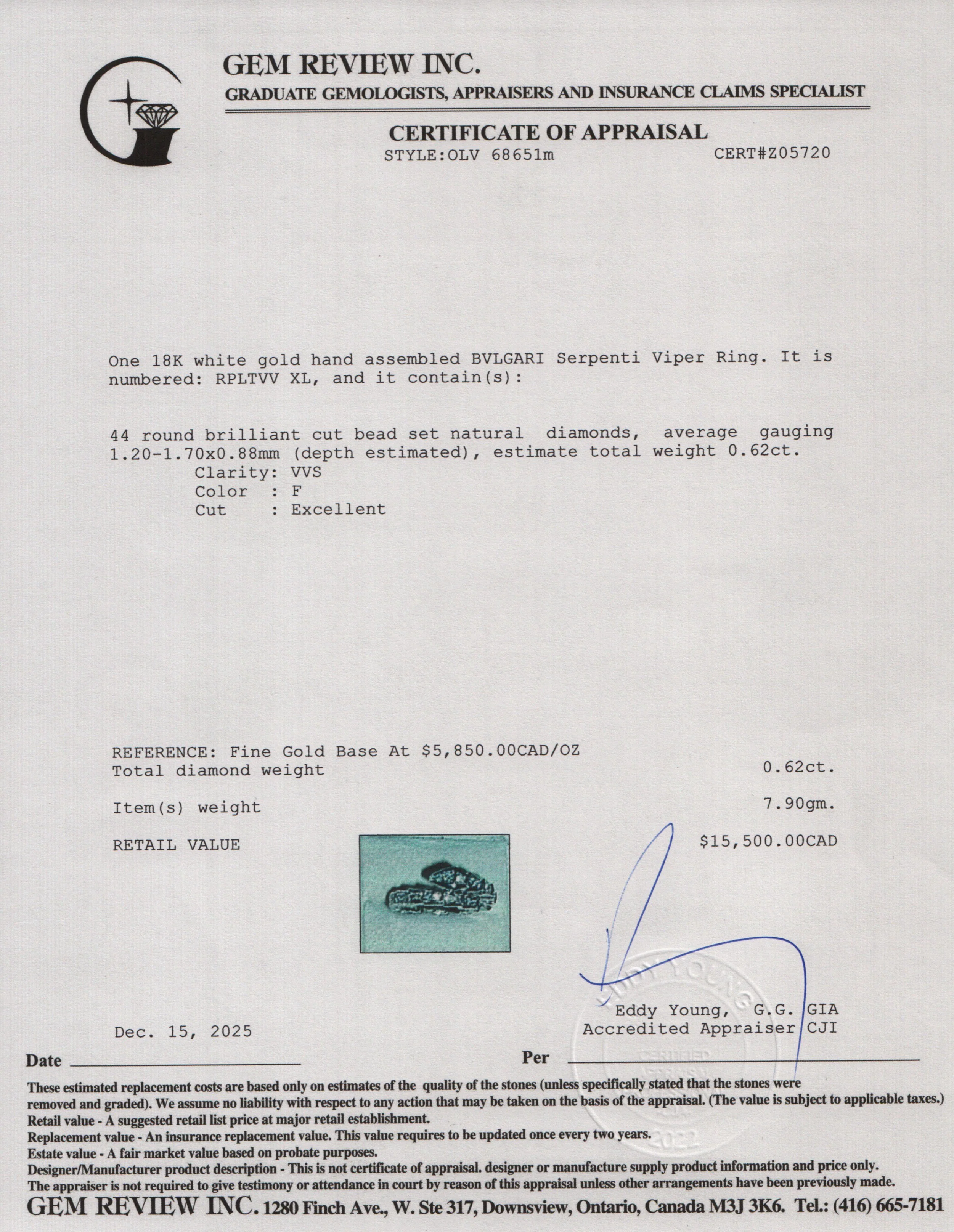 BVLGARI 2023 18k White Gold Diamond Serpenti Viper Ring, Size XL w/ Box & Certificate - Image 5