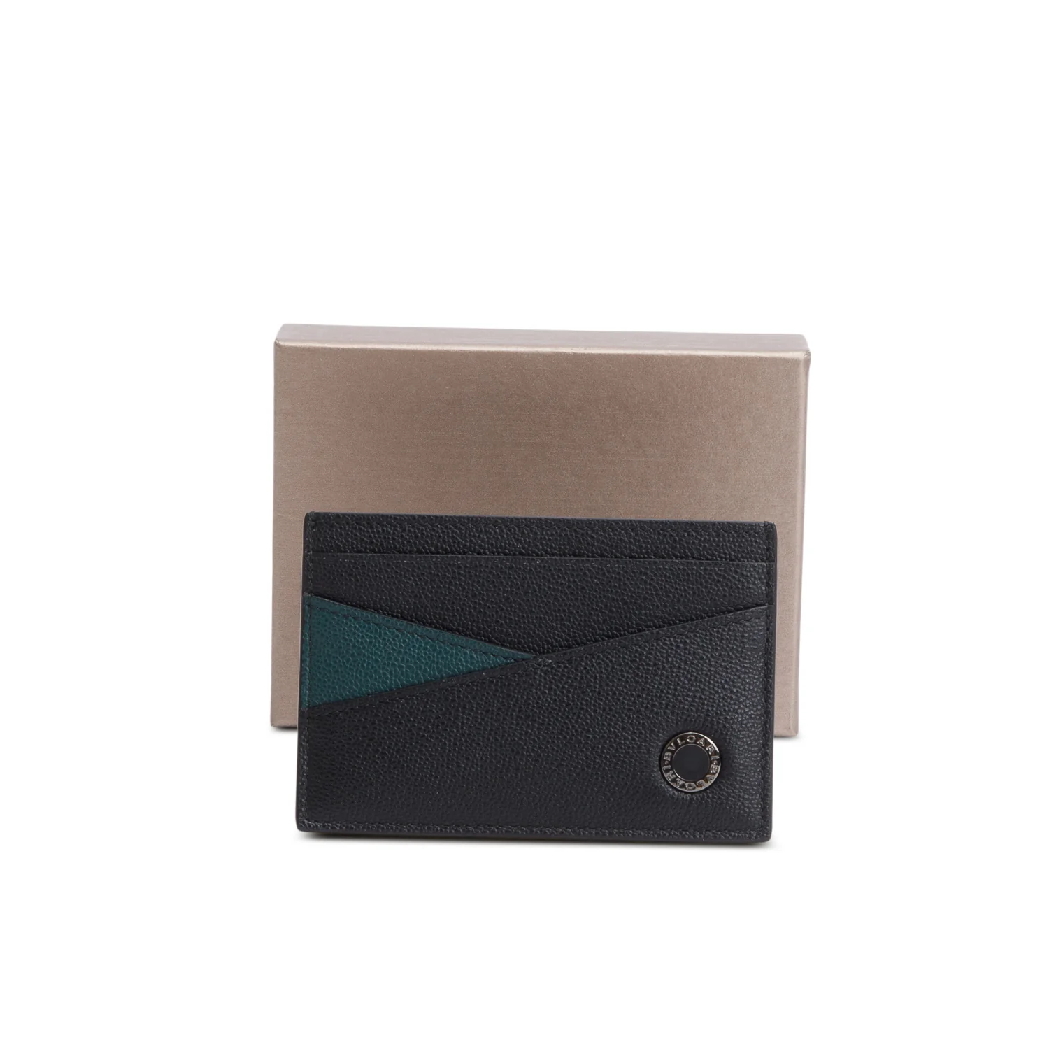 Bvlgari 2023 Black Green Grain Calf Leather Card Holder w/ Box & Authenticity Card - Image 2