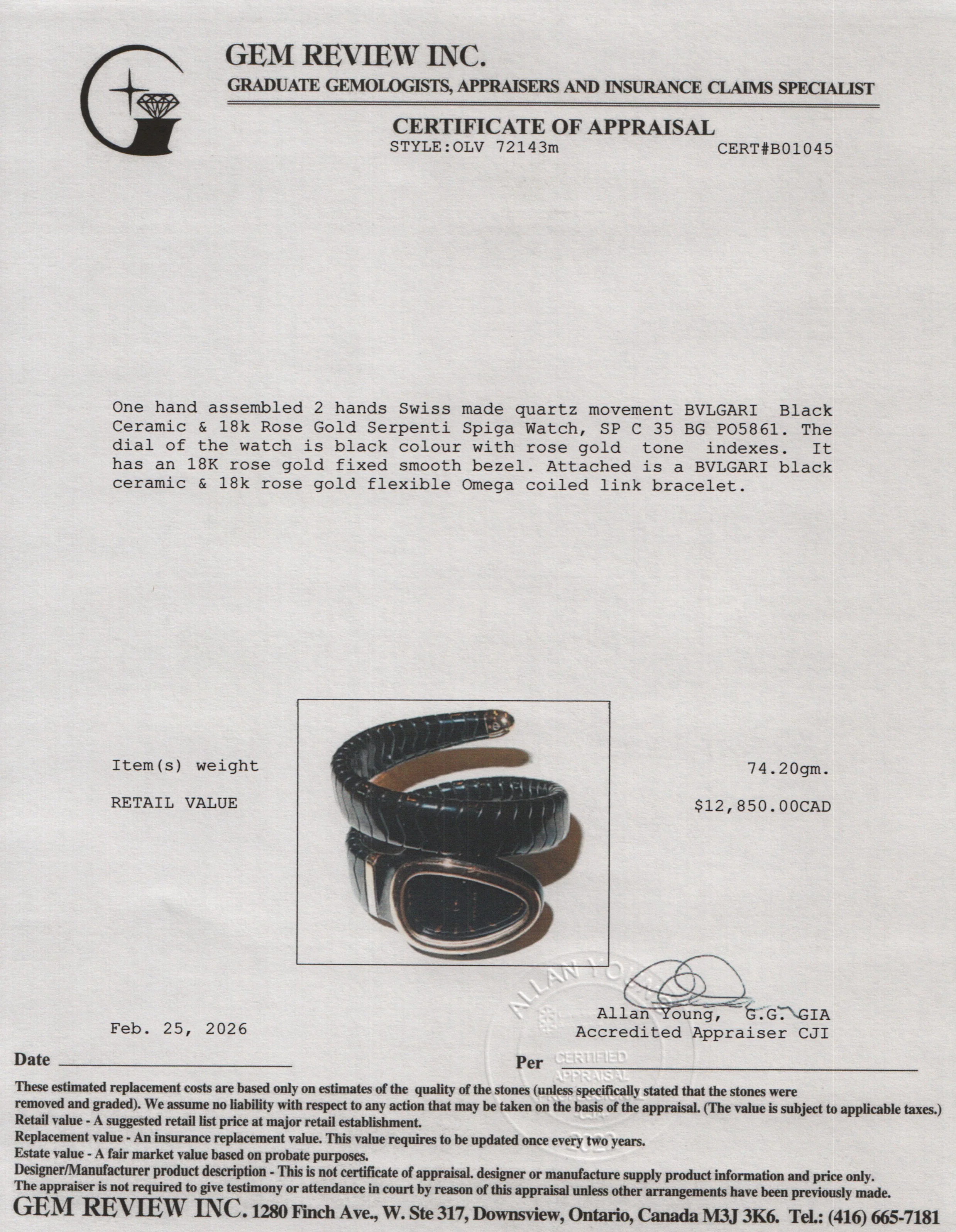BVLGARI Black Ceramic & 18k Rose Gold Serpenti Spiga Watch w/ Box - Image 5