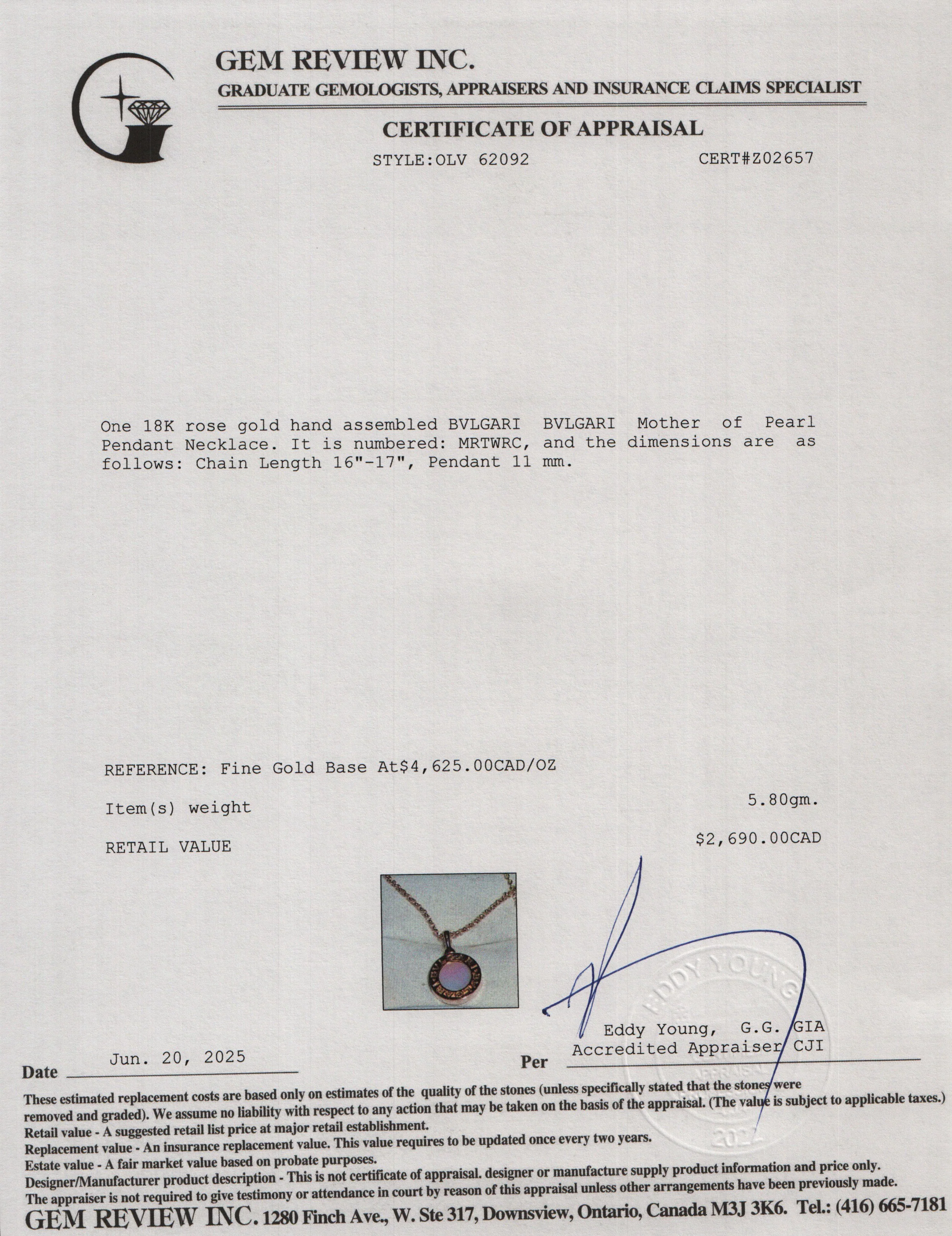 BVLGARI BVLGARI 18k Rose Gold Mother of Pearl Pendant Necklace w/ Box & Certificate - Image 8