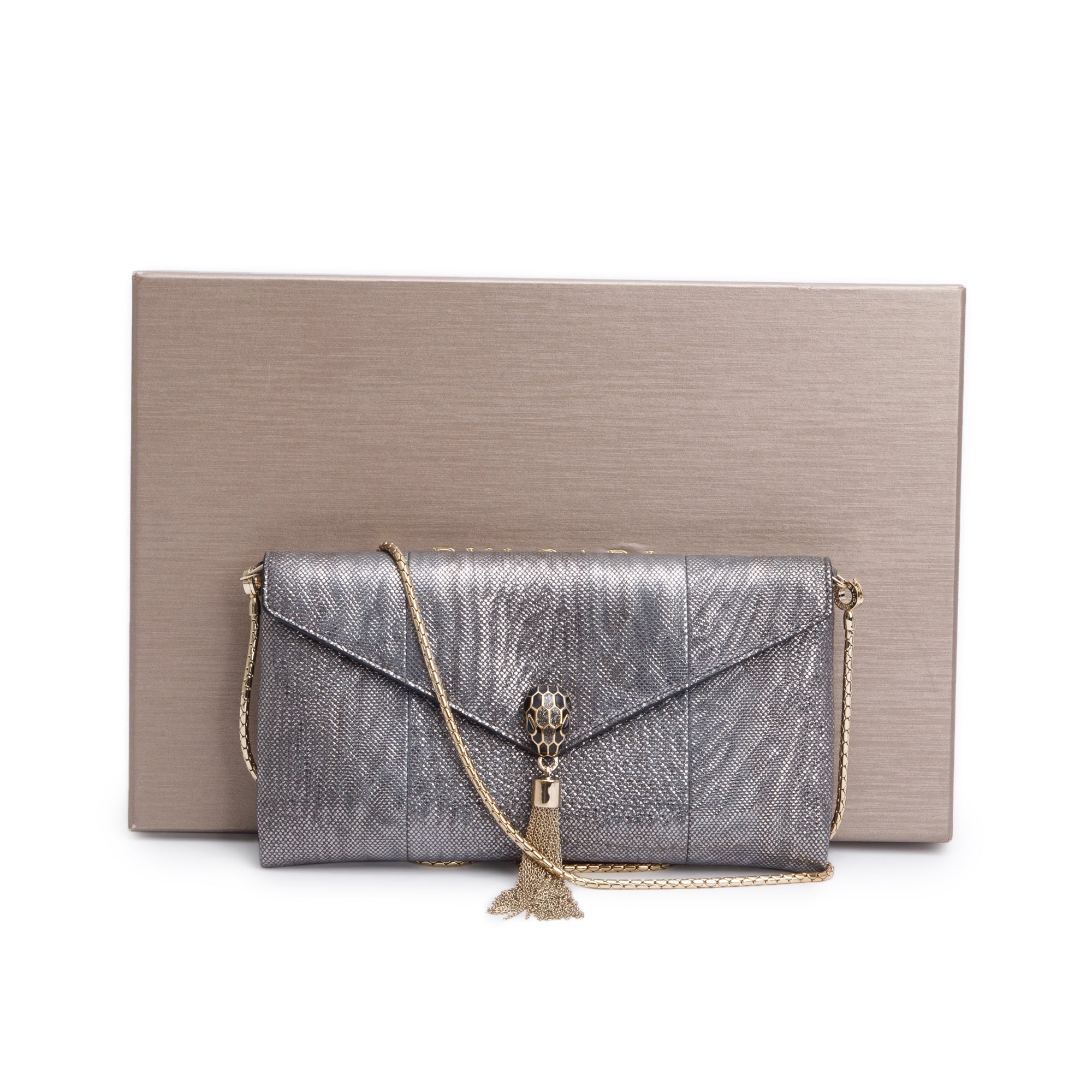 BVLGARI Grey Karung Serpenti Tassel Clutch Bag w/ Strap, Box & Authenticity Card - Image 2