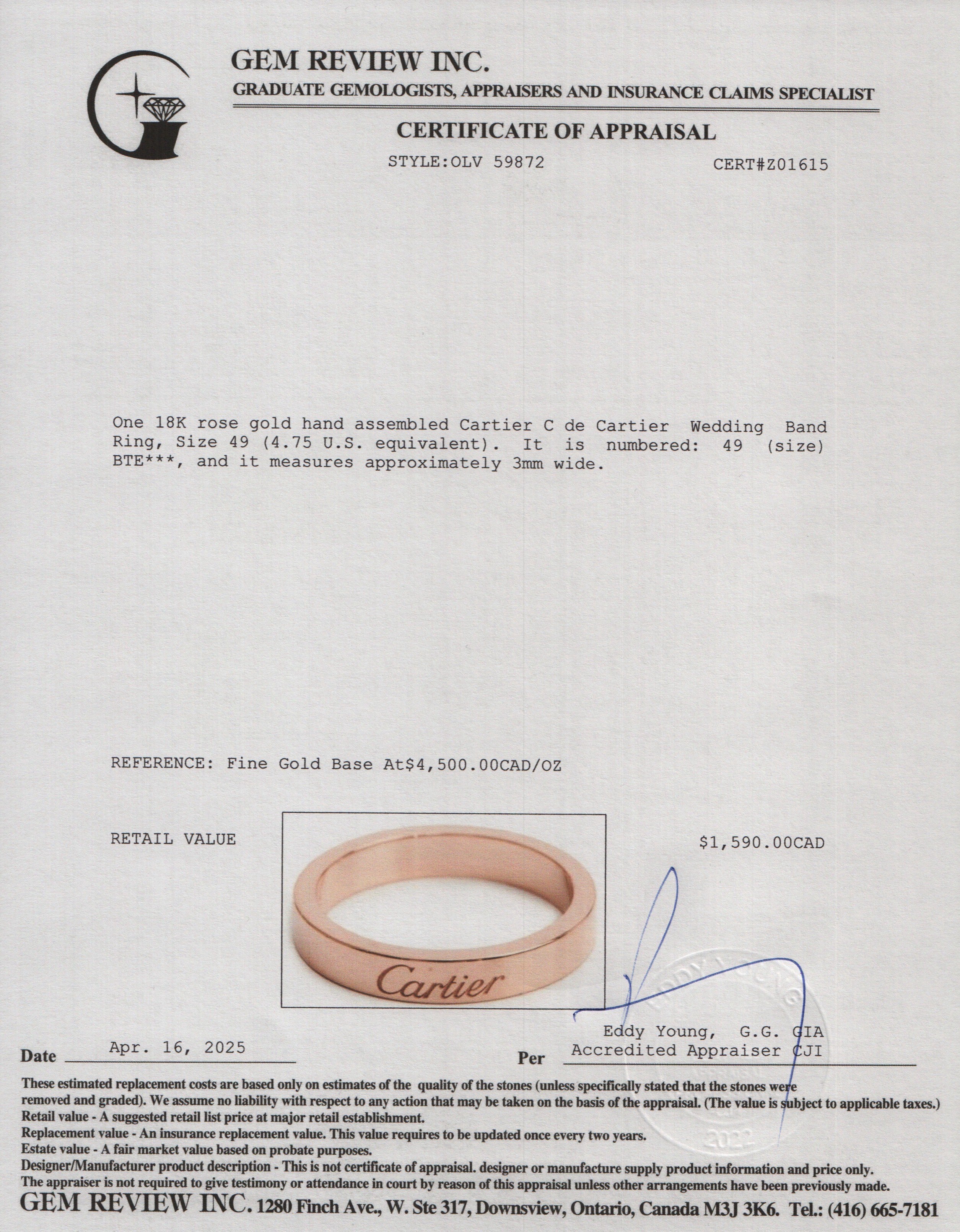 Cartier 18k Rose Gold C de Cartier 3 MM Wedding Band Ring, Size 49 4.75 - Image 4