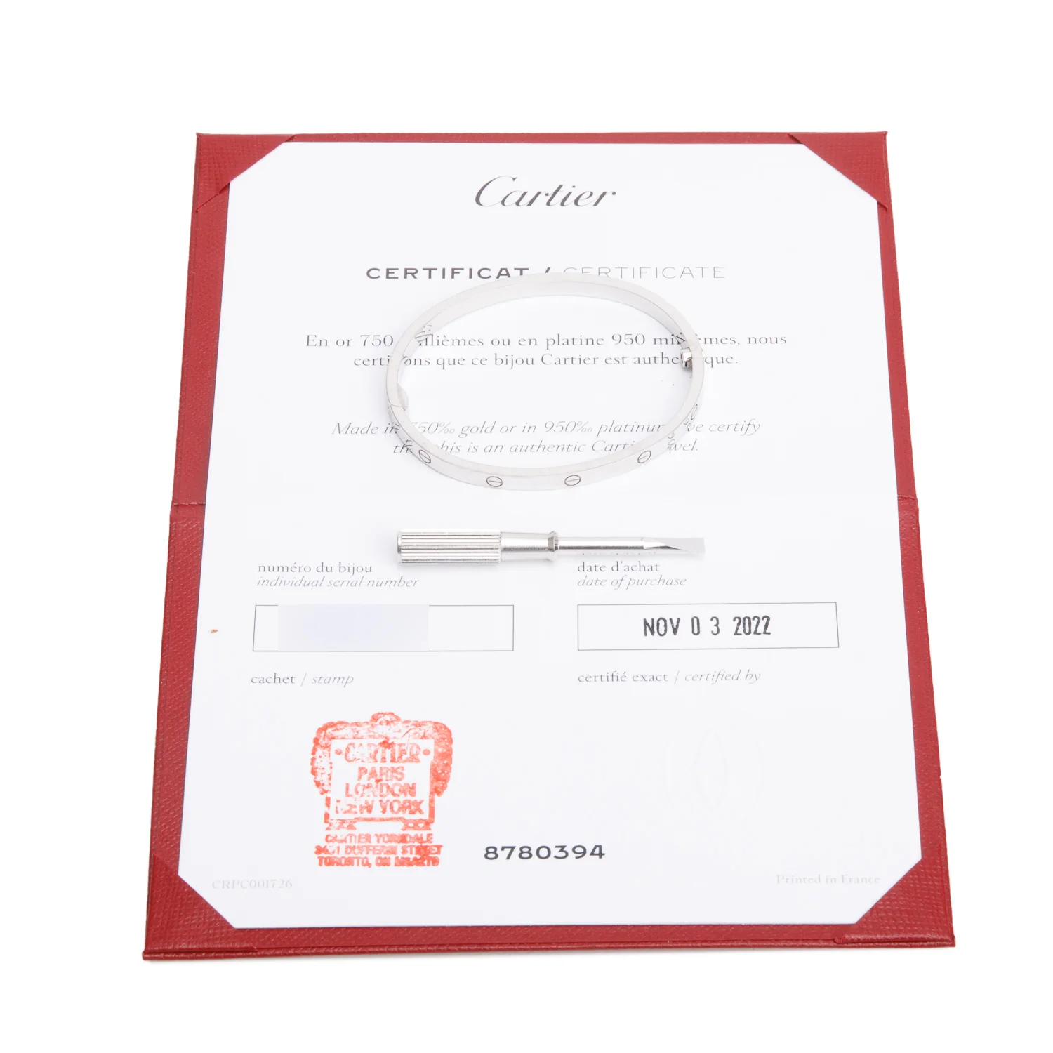 Cartier 18k White Gold 3.65 MM Love Bracelet, Small Model, Size 15 w/ Certificate & Receipt - Image 2