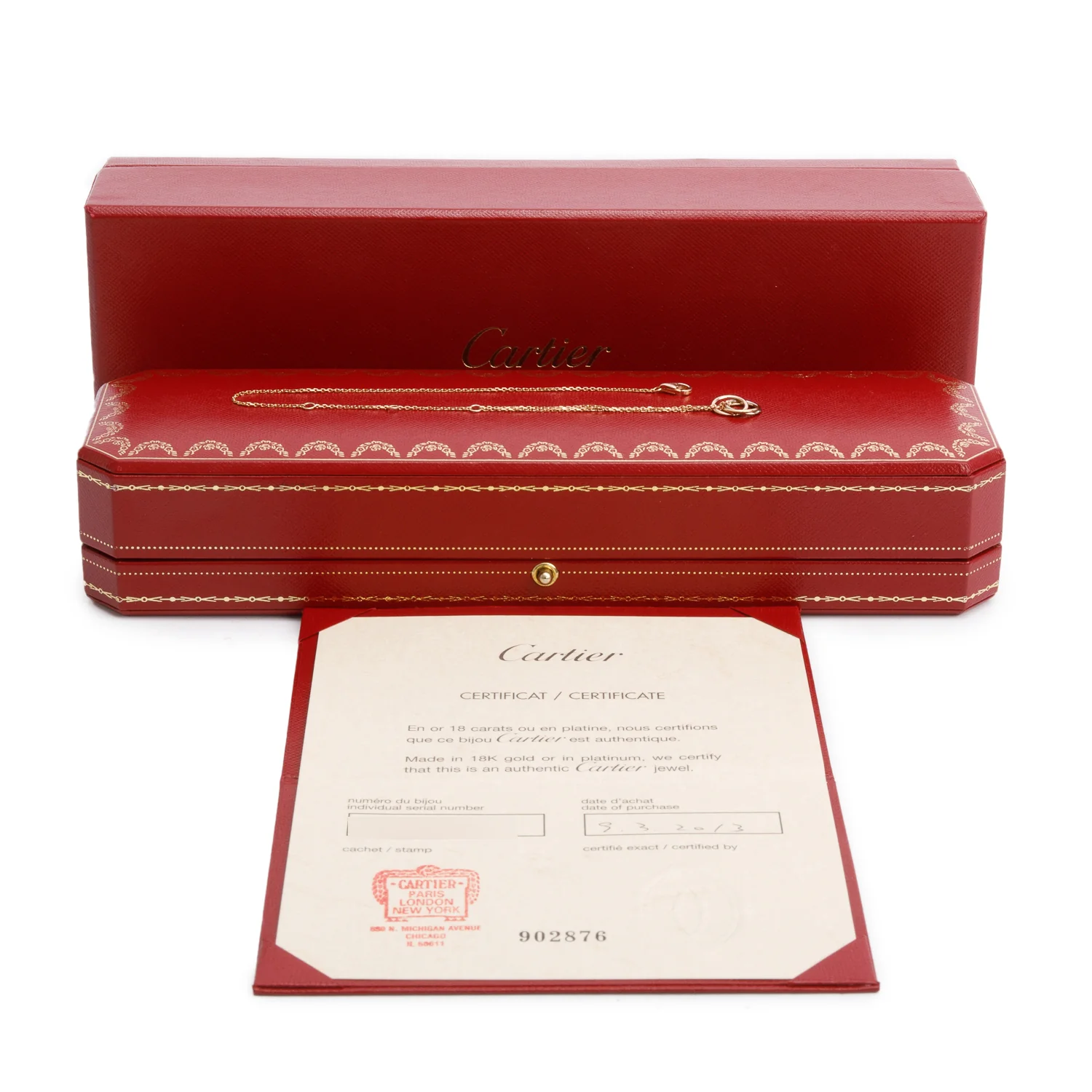 Cartier 18k White, Yellow & Rose Gold Trinity Bracelet on Chain w/ Box & Certificate - Image 2
