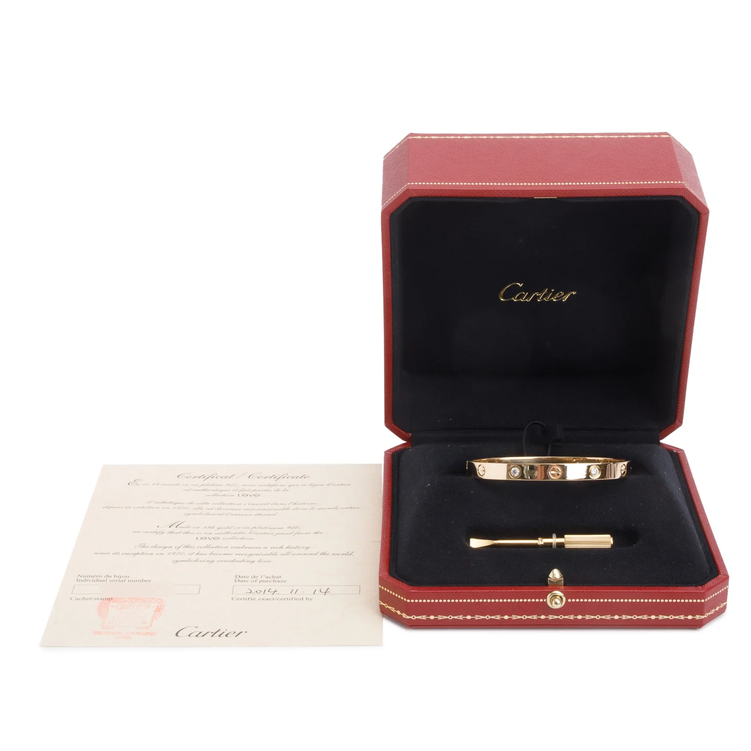 Cartier 18k Yellow Gold Love Bracelet with 4 Diamonds, Classic Model Size 17 w/ Box, Receipt & Certificate - Image 2