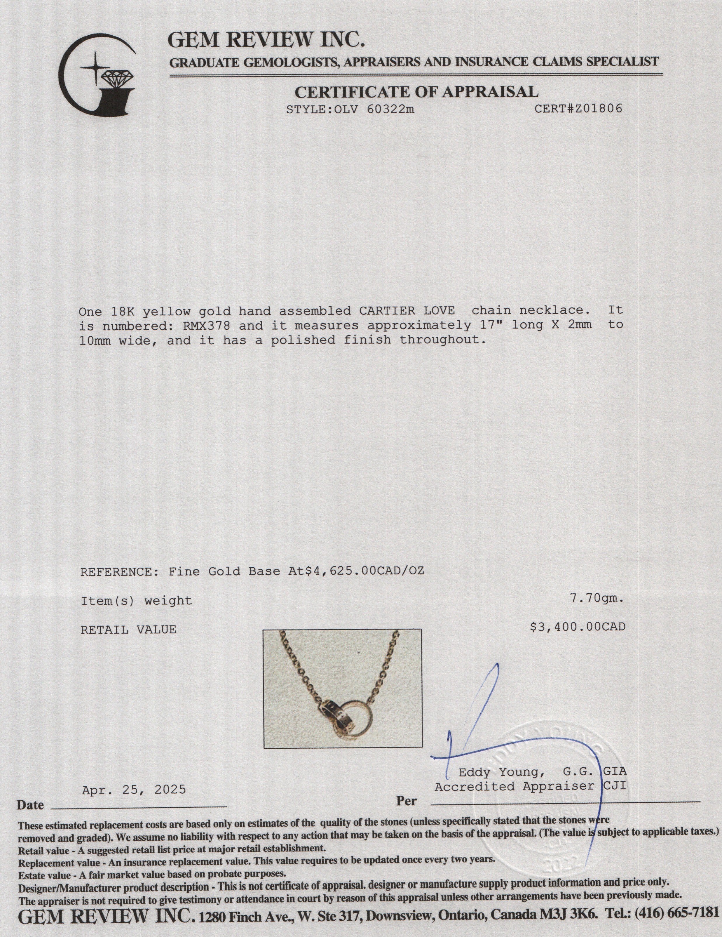Cartier 18k Yellow Gold Love Necklace w/ Box - Image 7