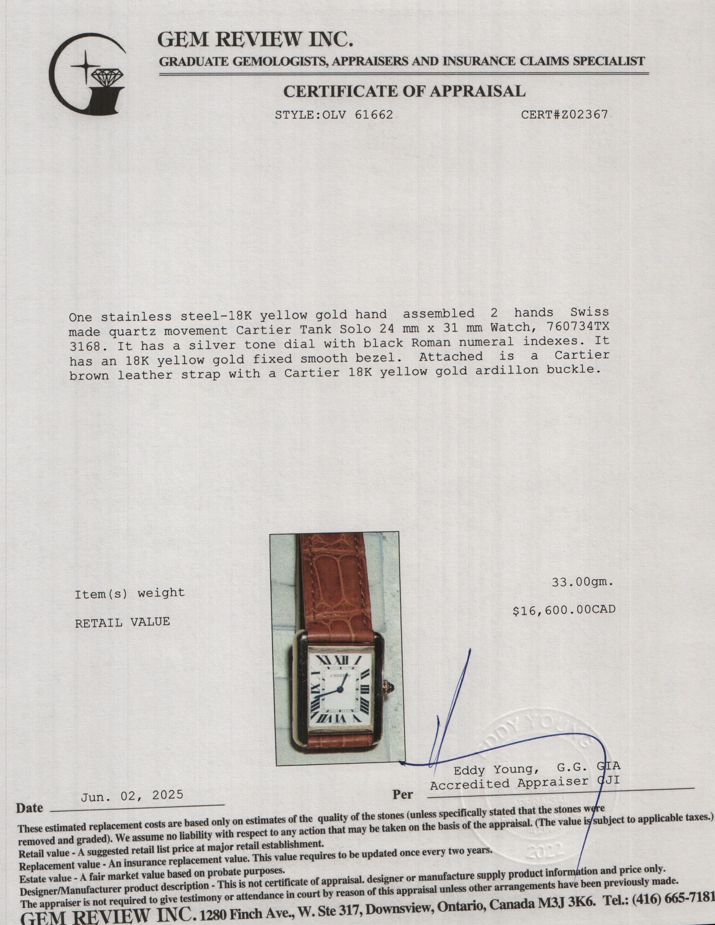Cartier 18k Yellow Gold & Stainless Steel Tank Solo Watch w/ Box, Papers, Service Receipt & Extra Leather Strap - Image 6