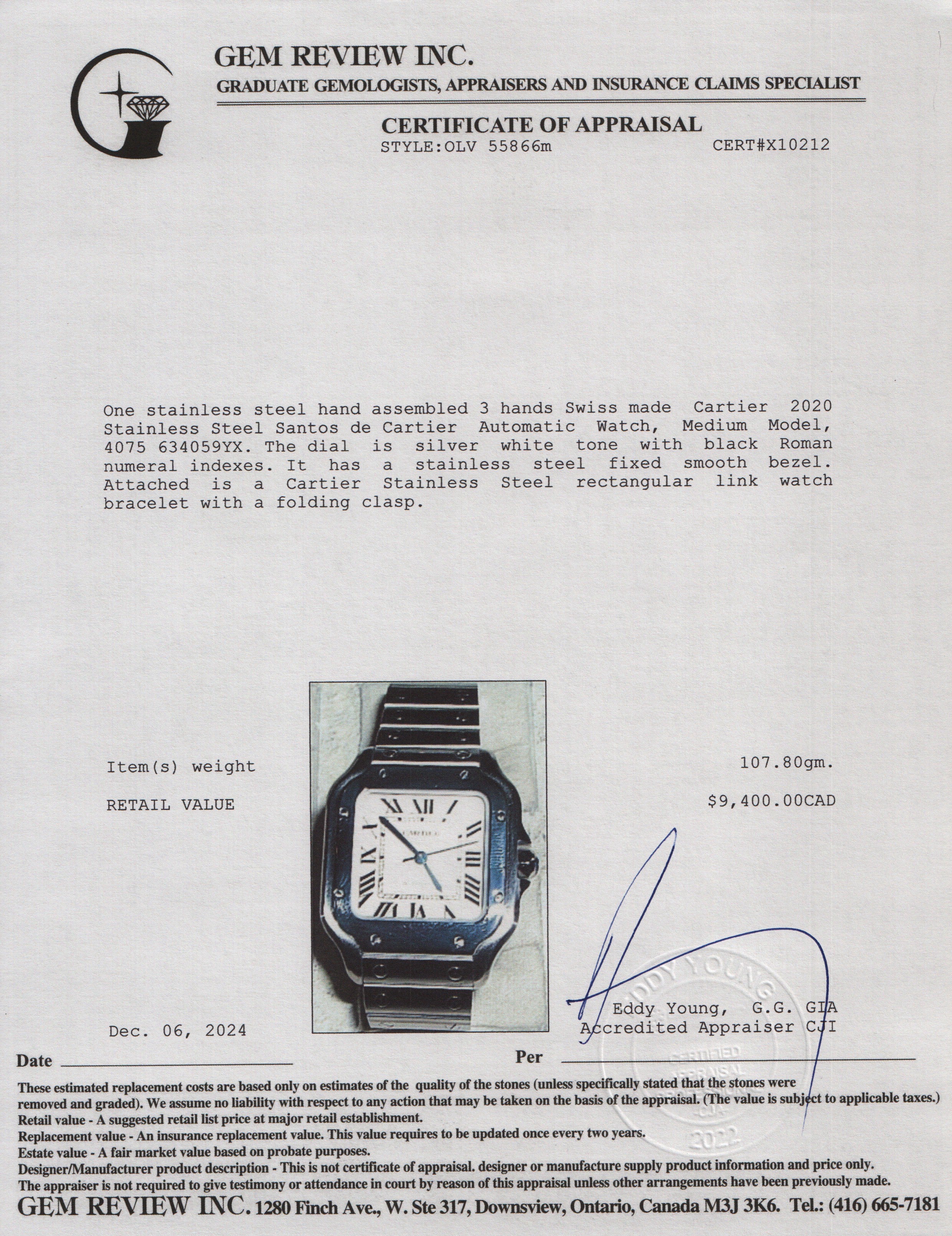 Cartier 2020 Stainless Steel Santos de Cartier Automatic Watch, Medium Model 4075 w/ Box & Papers - Image 6