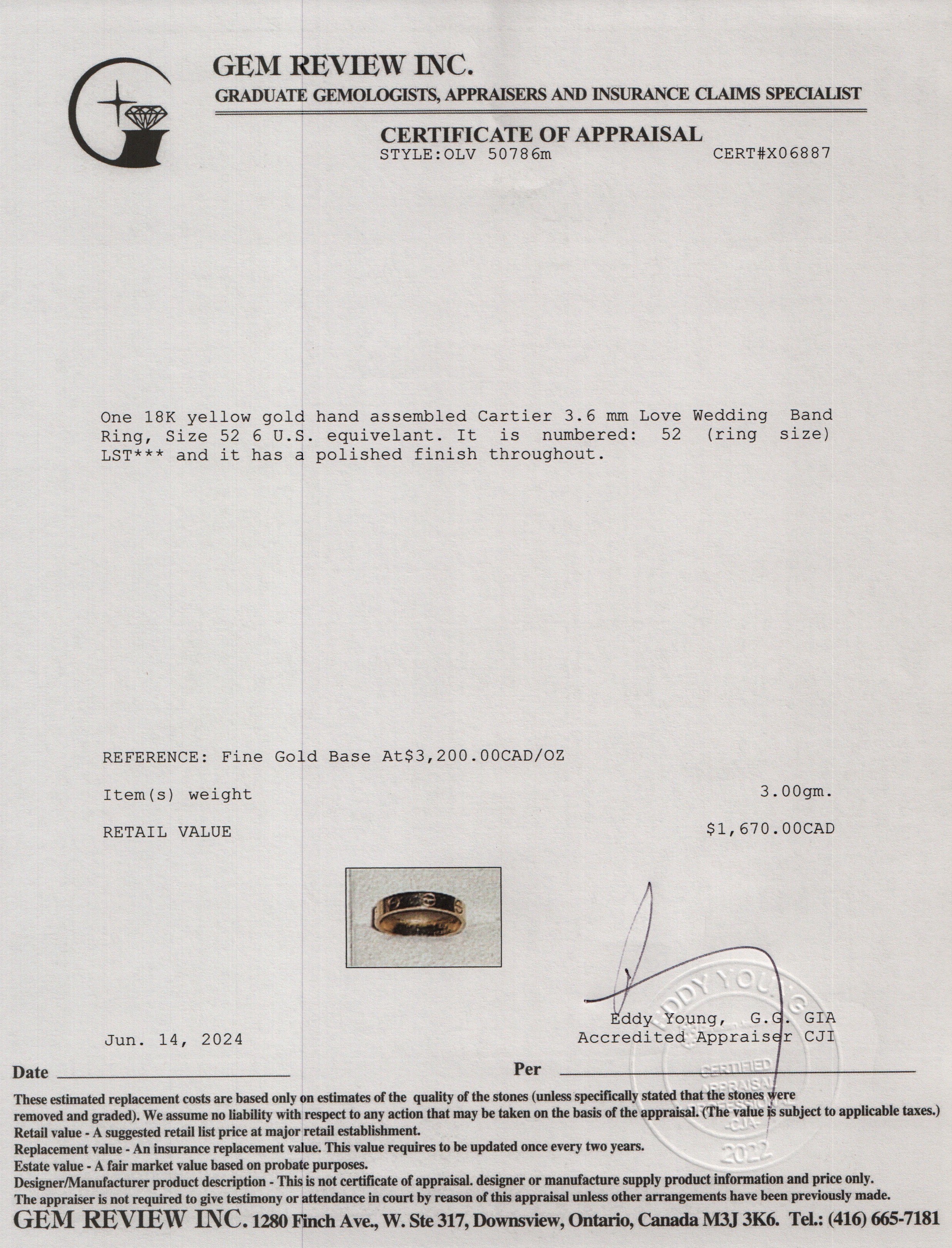 Cartier 2021 18k Yellow Gold 3.6 mm Love Wedding Band Ring, Size 52 6 w/ Box & Certificate - Image 5