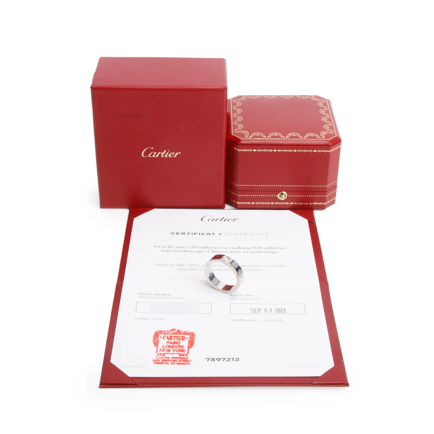 Cartier 2022 18k White Gold 3 Diamond 5.5 MM Love Ring, Size 60 9.25 w/ Box & Certificate - Image 2