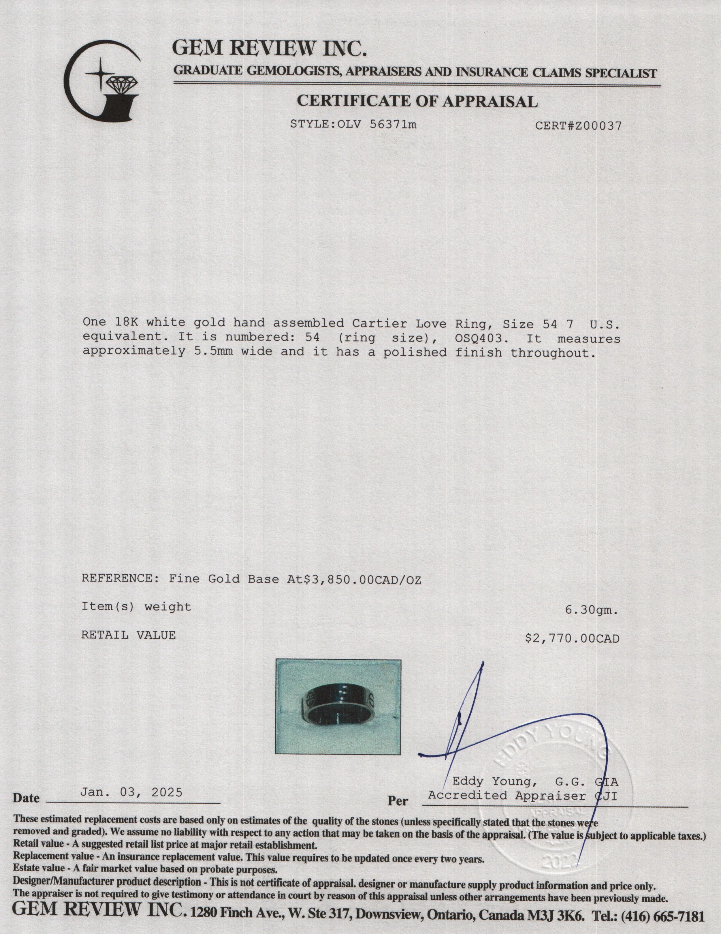 Cartier 2022 18k White Gold 5.5 MM Love Ring, Size 54 7 w/ Box, Receipt & Certificate - Image 4