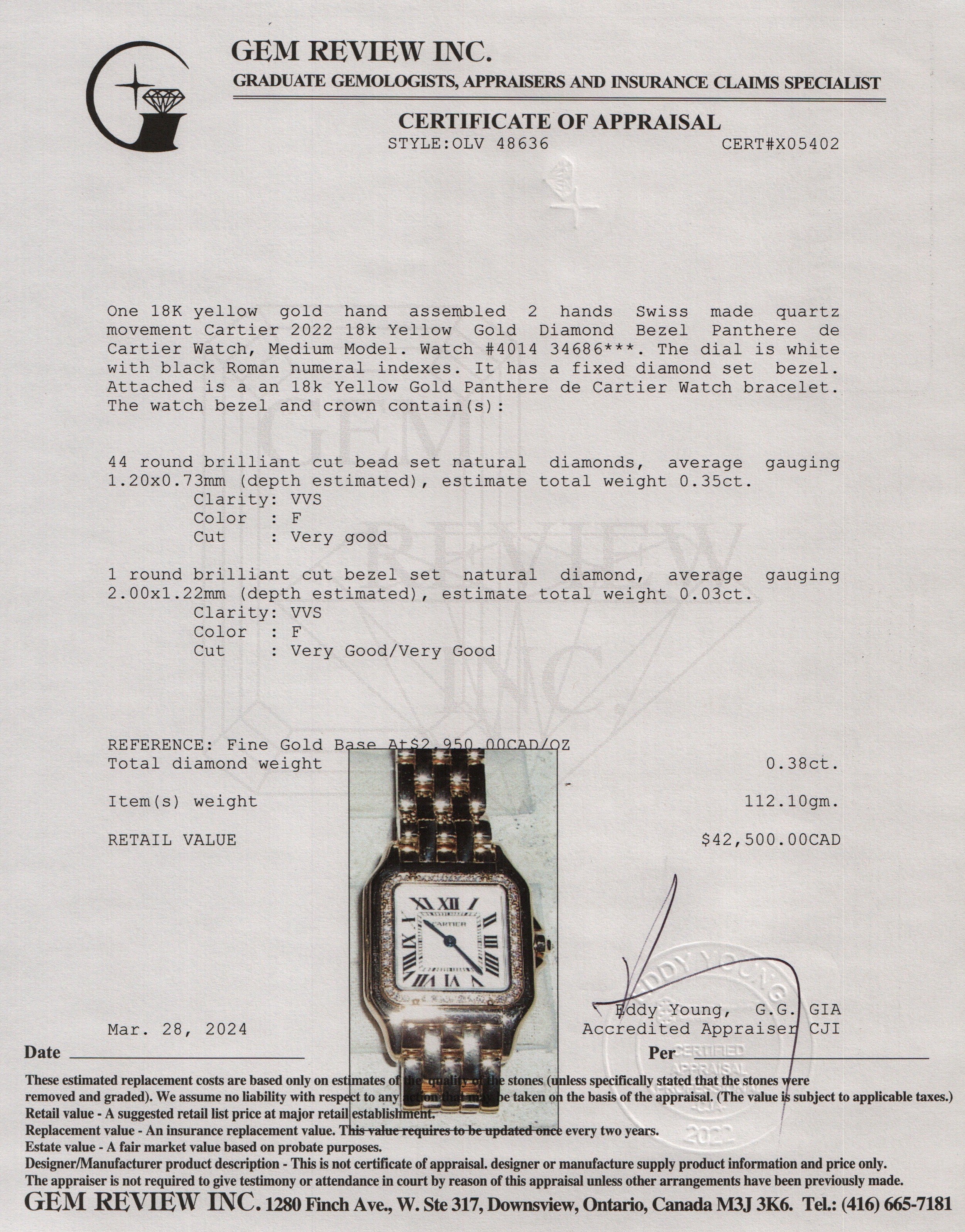 Cartier 2022 18k Yellow Gold Diamond Bezel Panthere de Cartier Watch, Medium Model w/ Box & Papers - Image 7