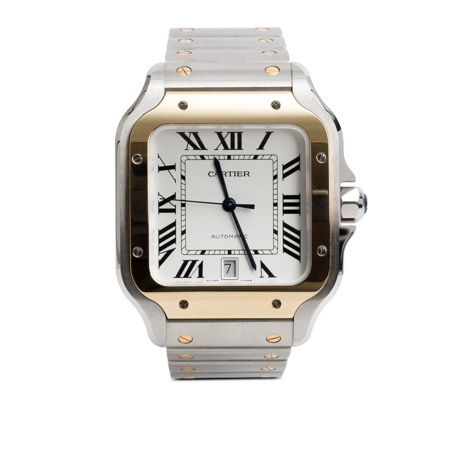 Cartier 2022 Stainless Steel & 18k Yellow Gold Santos de Cartier Automatic Watch, Large Model 4072 w/ Box, Papers & Extra Strap