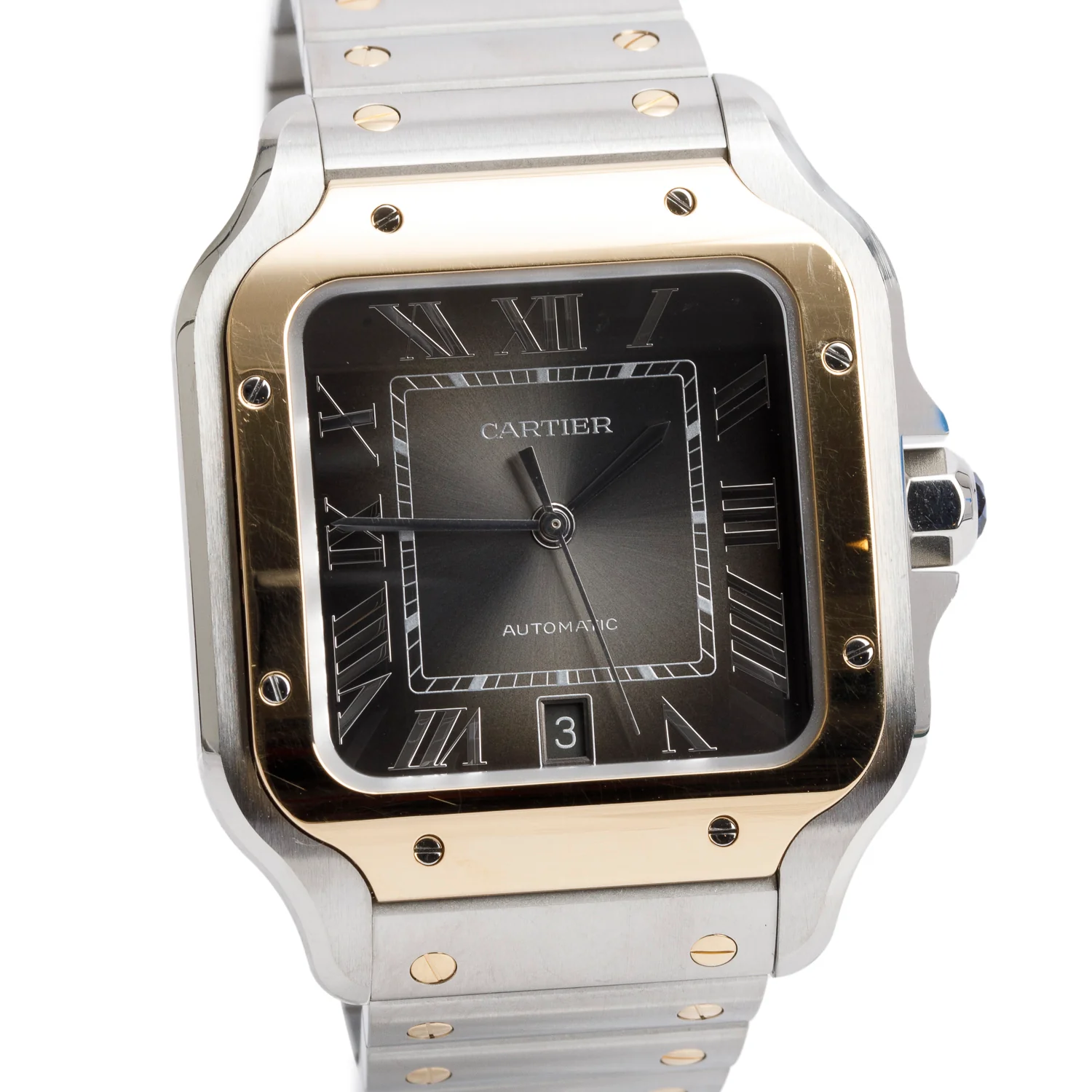 Cartier 2024 Stainless Steel & 18k Yellow Gold Santos de Cartier Automatic Watch, Large Model Anthracite Grey Dial 4072 w/ Box, Papers & Extra Strap - Image 3