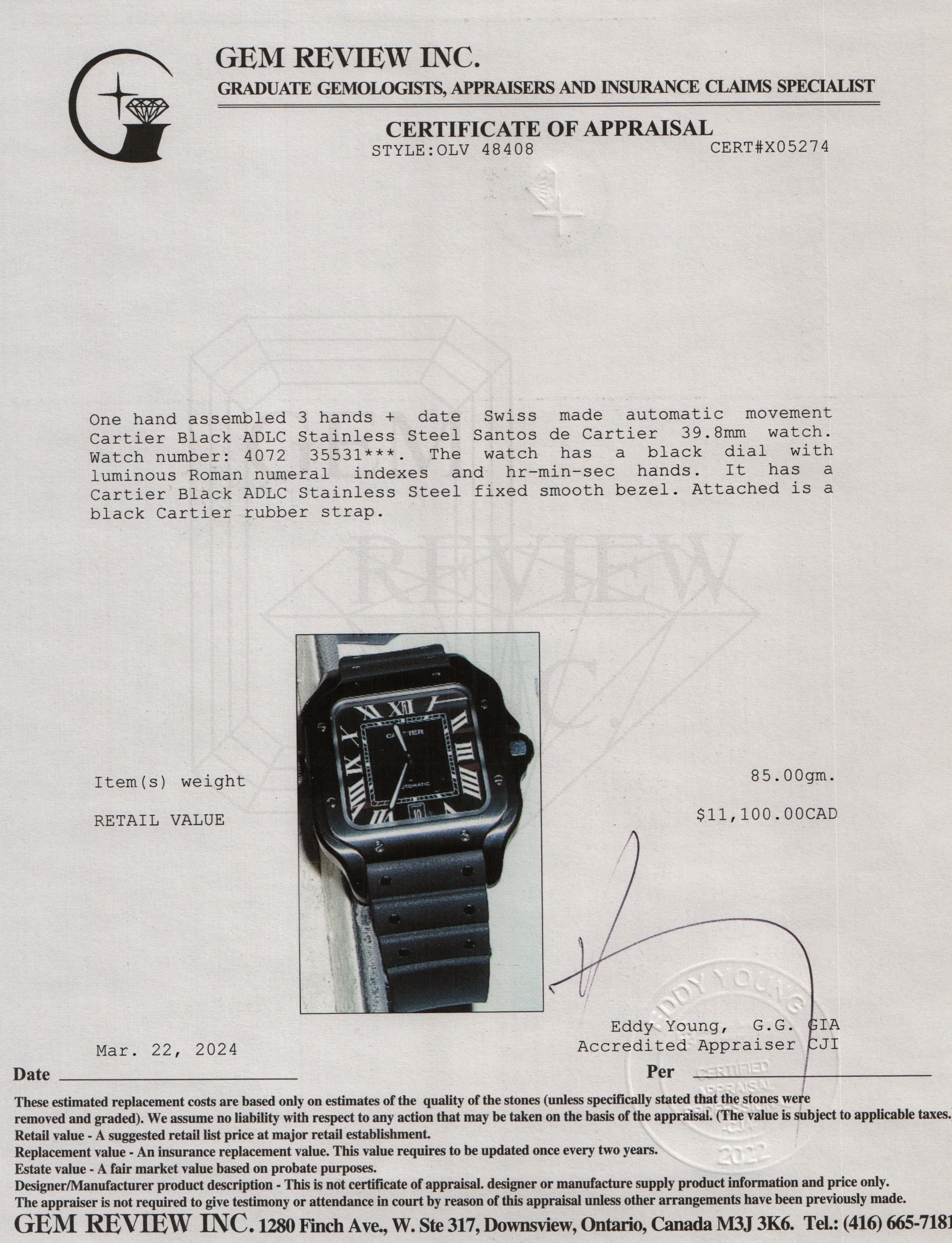 Cartier Black ADLC Stainless Steel Santos de Cartier Automatic Watch, Large Model w/ Box, Papers, Extra Strap - Image 7
