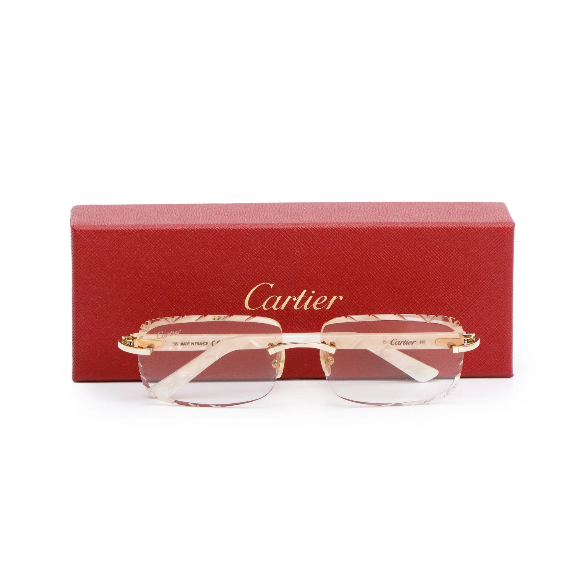 Cartier Marble White Acetate Rimless Diamond Cut Sunglasses w/ Box - Image 2