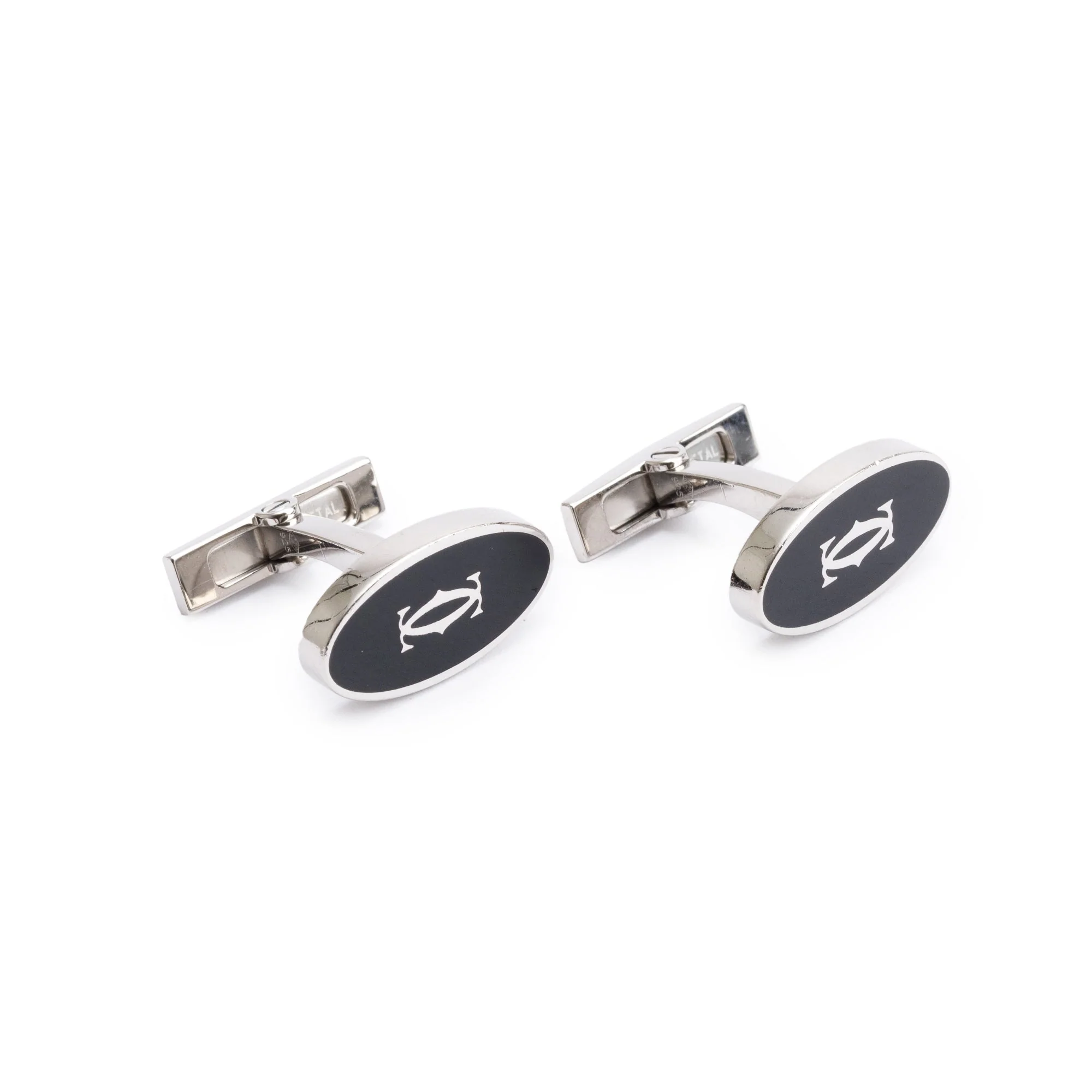 Cartier Palladium-Plated Black Laquer Double C Logo Decor Cufflinks - Image 2