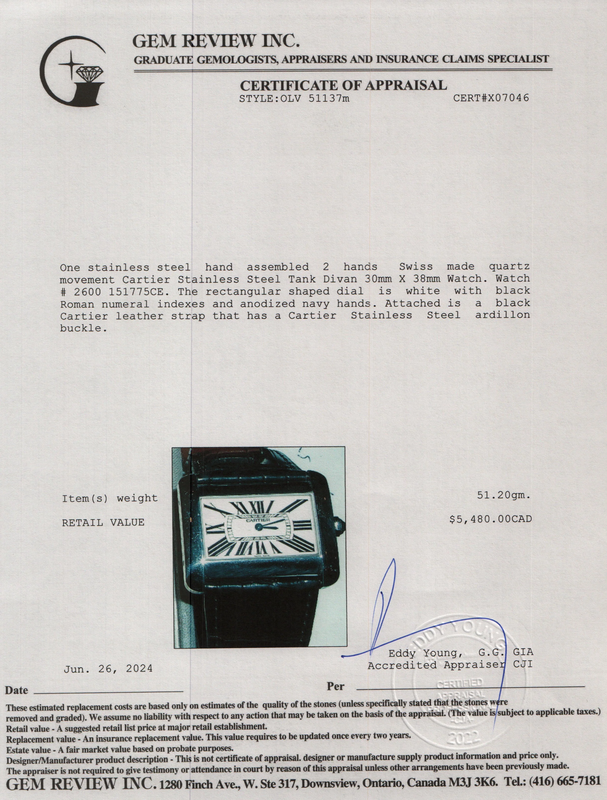 Cartier Stainless Steel Tank Divan Watch 2600 - Image 6