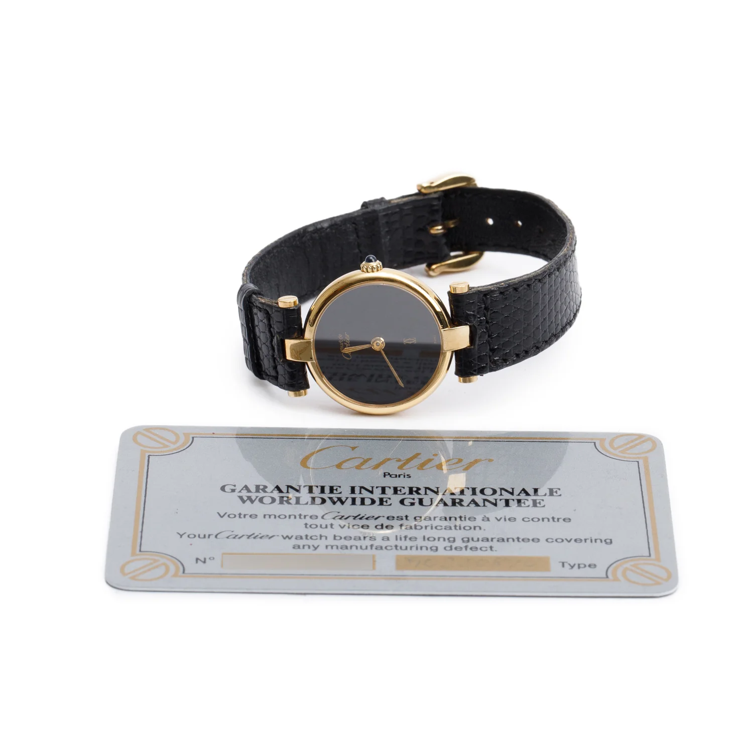 Cartier Vintage 18k Gold Vermeil Sterling Silver Argent Must Vendome Louis Cartier 24 MM Quartz Watch Black Dial w/ Papers - Image 2