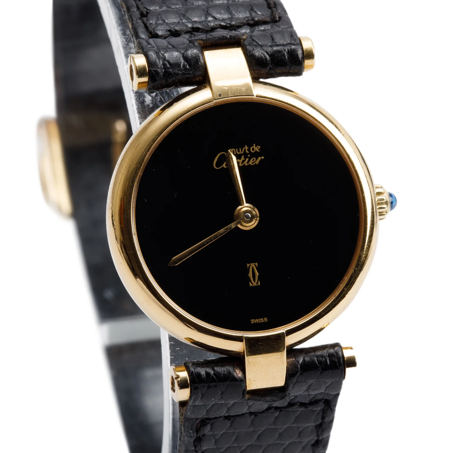 Cartier Vintage 18k Gold Vermeil Sterling Silver Argent Must Vendome Louis Cartier 24 MM Quartz Watch Black Dial w/ Papers - Image 3